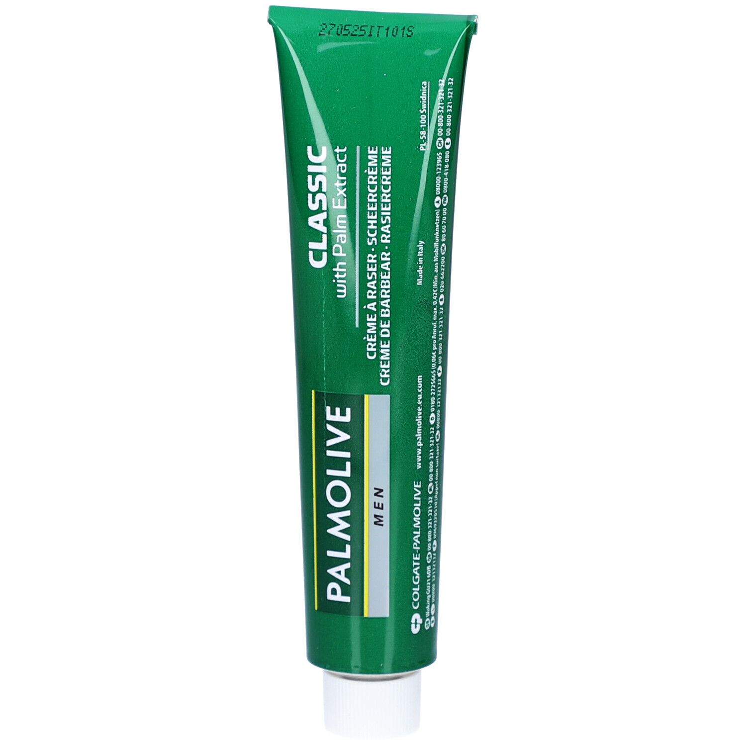 Groene tube scheercrème. Opschrift: PALMOLIVE MEN, CLASSIC with Palm Extract. Bevat scheercrème. Met productiedatum.