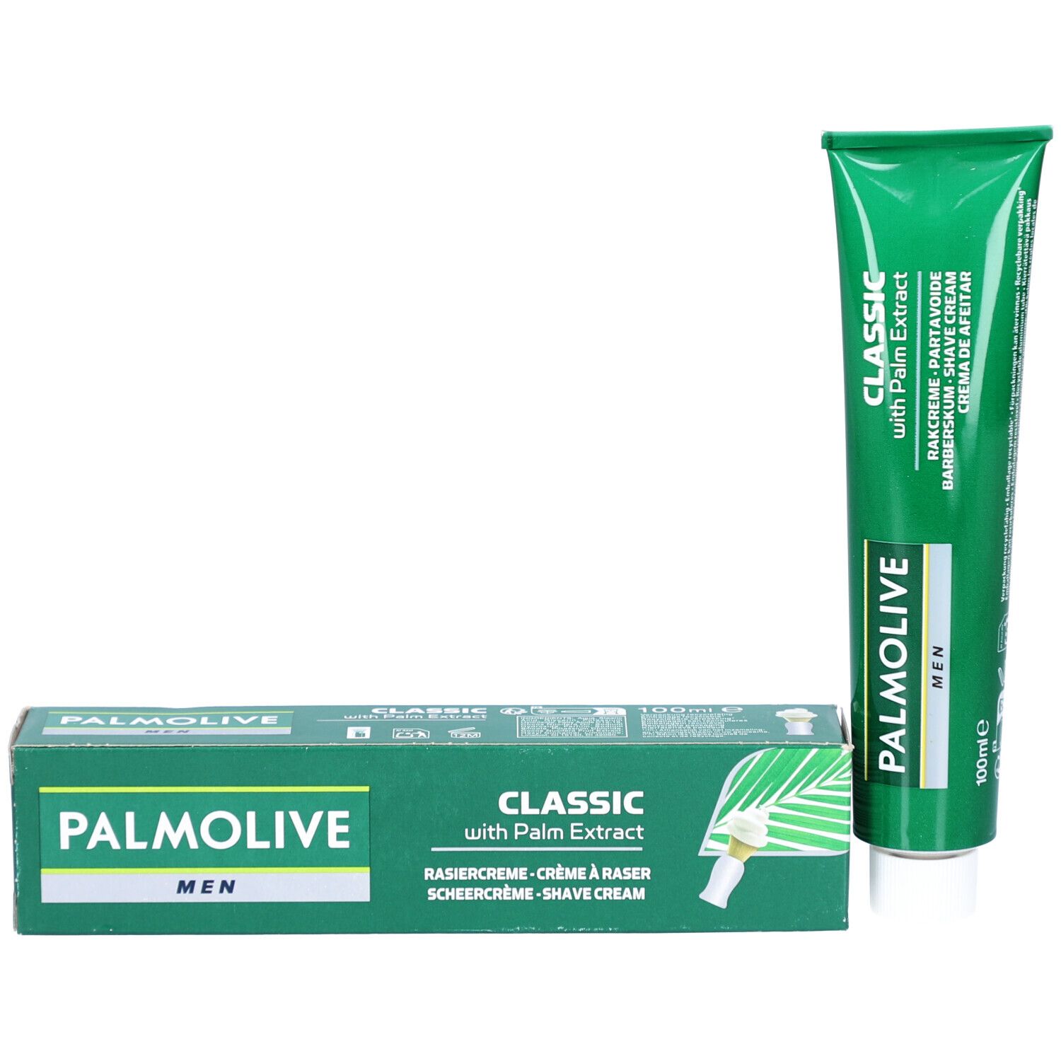 Groene tube en doos scheercrème. Opschrift: PALMOLIVE MEN, CLASSIC with Palm Extract. Bevat scheercrème.