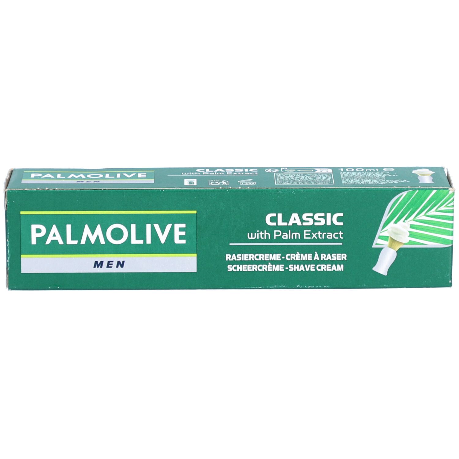 Groene doos scheercrème. Opschrift: PALMOLIVE MEN, CLASSIC with Palm Extract. Bevat scheercrème. 100ml.