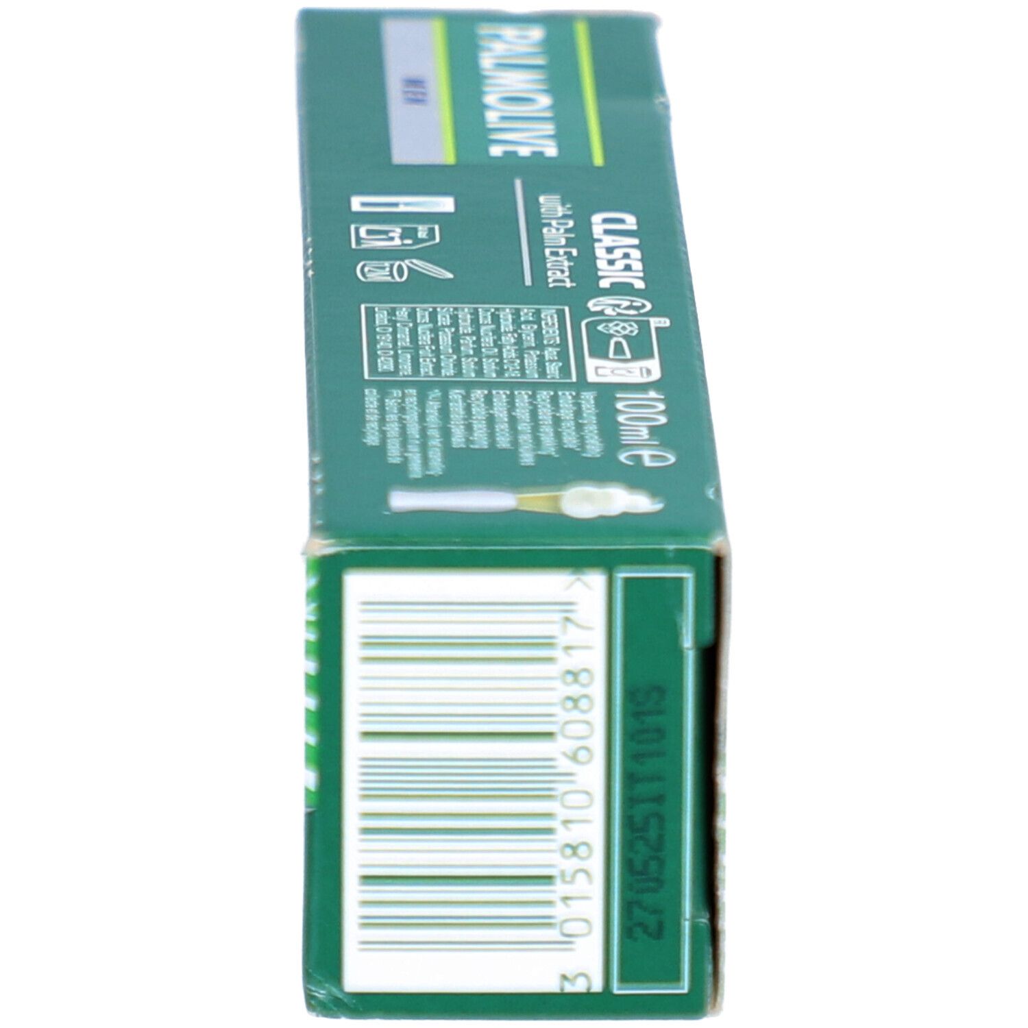 Groene doos scheercrème. Opschrift: PALMOLIVE MEN, CLASSIC with Palm Extract. Bevat scheercrème. Barcode.