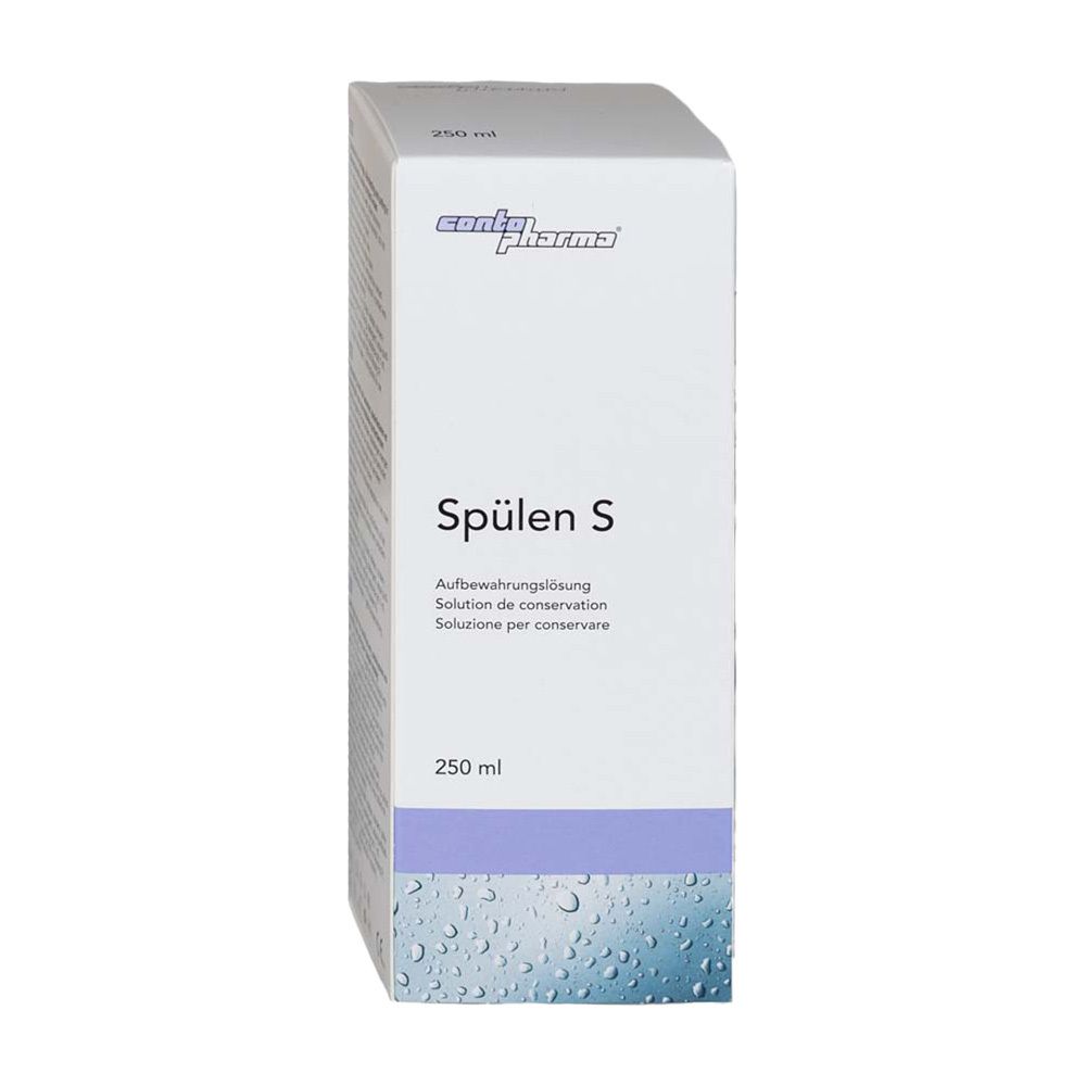 Verpakking van contopharma® Spülen S. Bewaaroplossing. 250 ml. Witte doos met paarse streep.