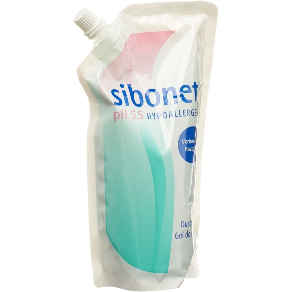 Navulverpakking douchegel. Witte zak met blauw-roze design. Witte dop linksboven. Opschrift 'sibonet pH 5.5 HYPOALLERGEN'.