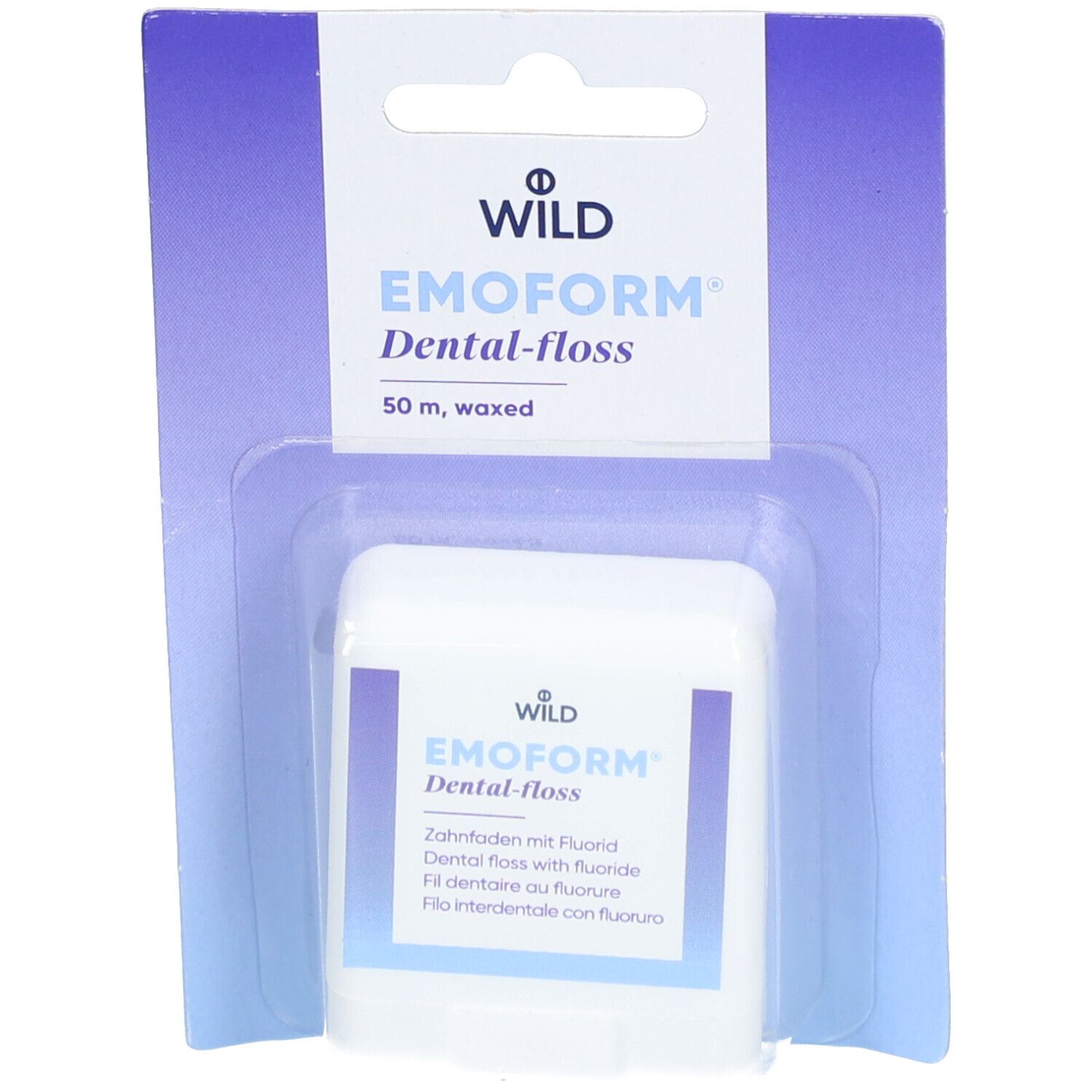 Boîte blanche EMOFORM Dental-floss avec texte bleu et emballage. Contient 50 m de fil dentaire ciré.