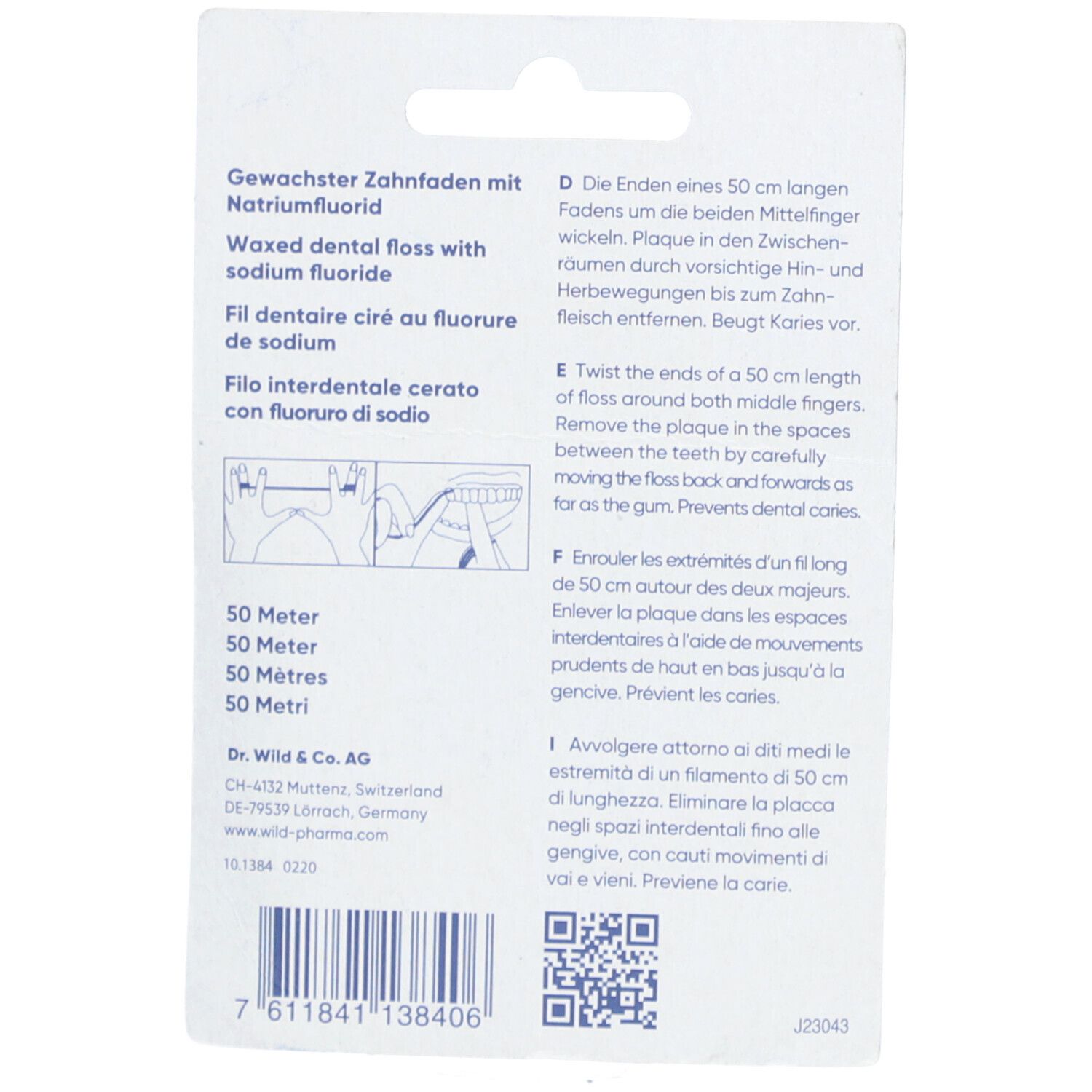 Dos de l'emballage EMOFORM Dental-floss avec texte multilingue. Contient des instructions et des informations sur le produit.