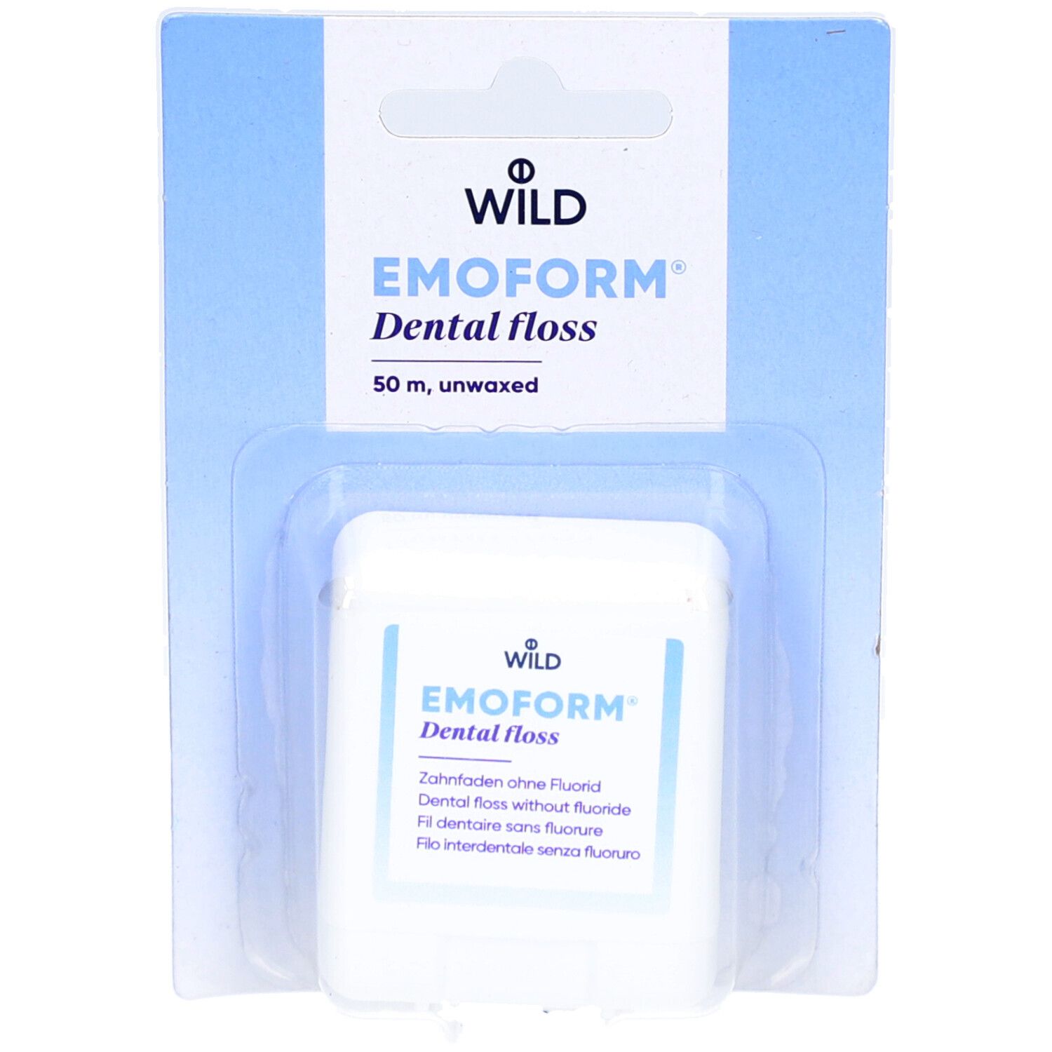 Witte houder EMOFORM Dental floss, 50 m, ongewaxt, in blisterverpakking. Merk WILD.