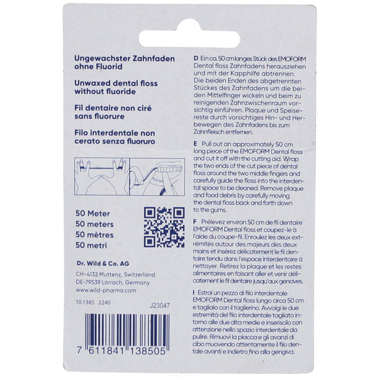 Achterkant van de EMOFORM Dental floss verpakking. Tekst: Ongewaxte floss zonder fluoride. 50 meter. Gebruiksaanwijzing.