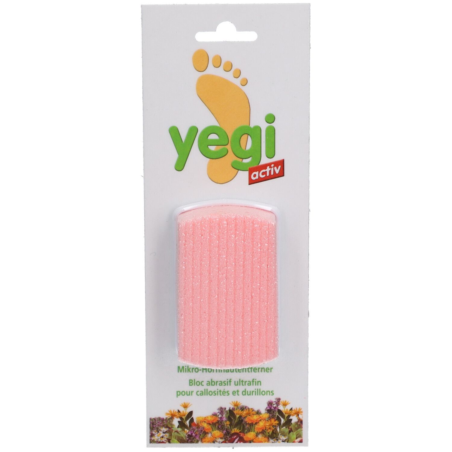 Yegi activ Mikro Hornhaut Entferner. Roze blok met verpakking. Voetafdruk logo. Tekst: Mikro-Hornhautentferner.