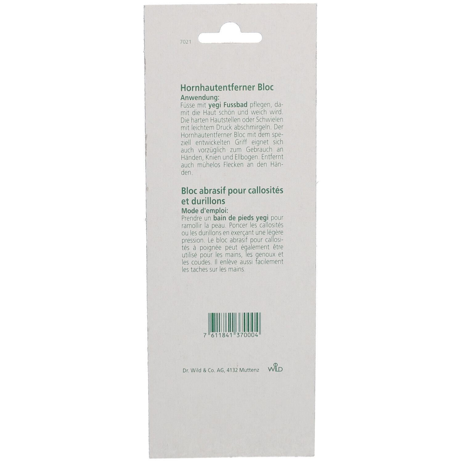 Achterkant Yegi activ verpakking. Tekst: Hornhautentferner Bloc, Gebruiksaanwijzing, ingrediënten. Groene streepjescode.