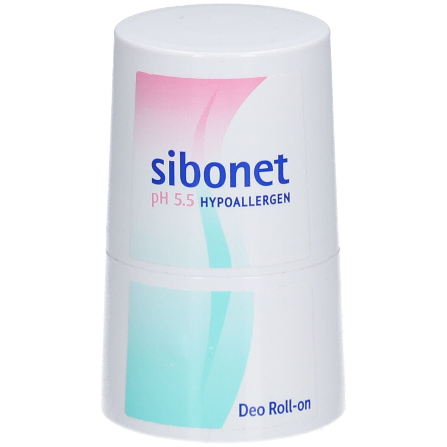 Witte deo roll-on met roze en turquoise design. Opschrift: sibonet pH 5.5 HYPOALLERGEN. Deo Roll-on.