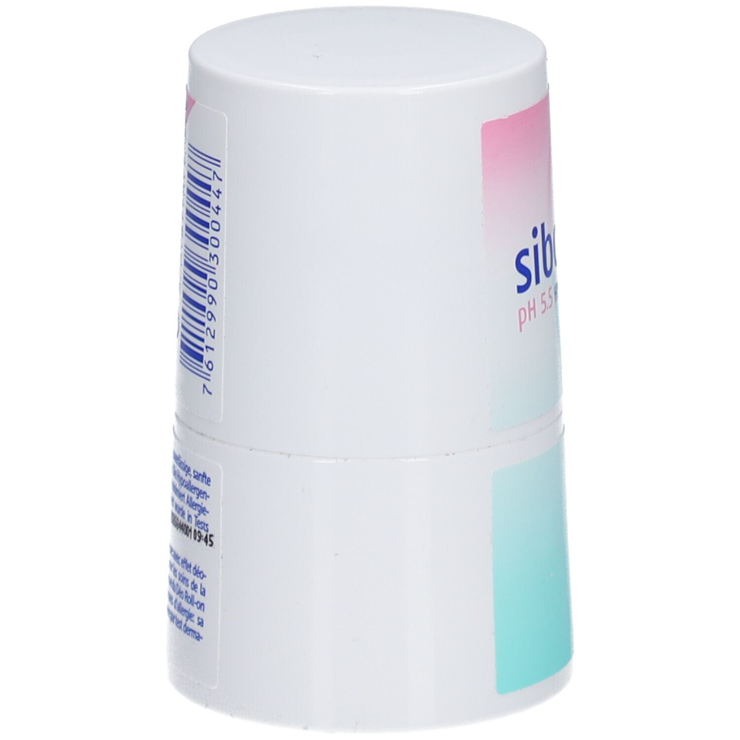 Witte deo roll-on, zijaanzicht. Barcode en tekst op de achterkant. Opschrift: sibonet pH 5.5 HYPOALLERGEN.