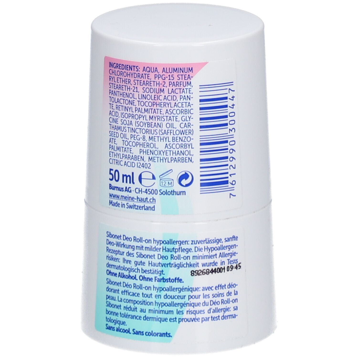 Achterkant van de witte deo roll-on. Ingrediëntenlijst, tekst en barcode. Opschrift: 50 ml, Made in Switzerland.
