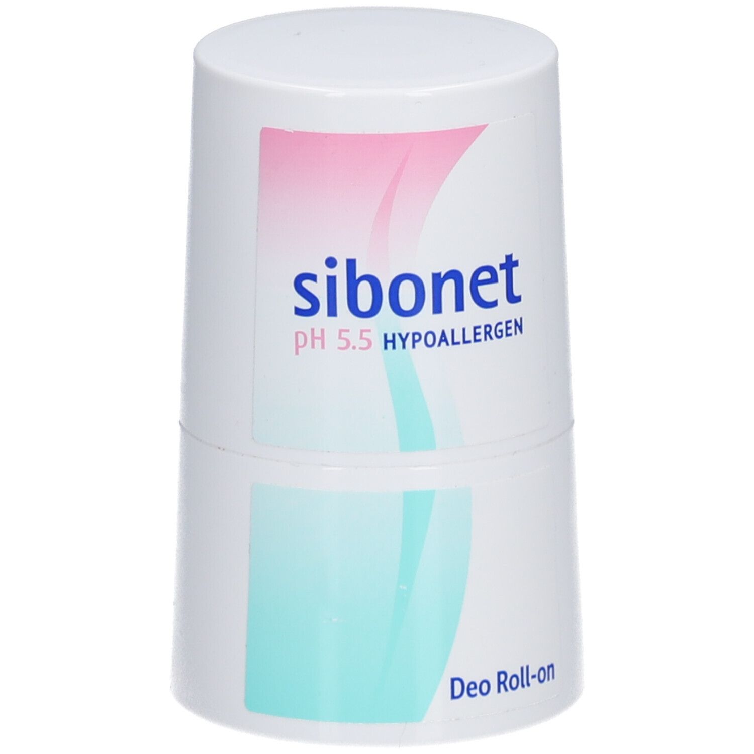 Witte deo roll-on met roze en turquoise design. Opschrift: sibonet pH 5.5 HYPOALLERGEN. Deo Roll-on.