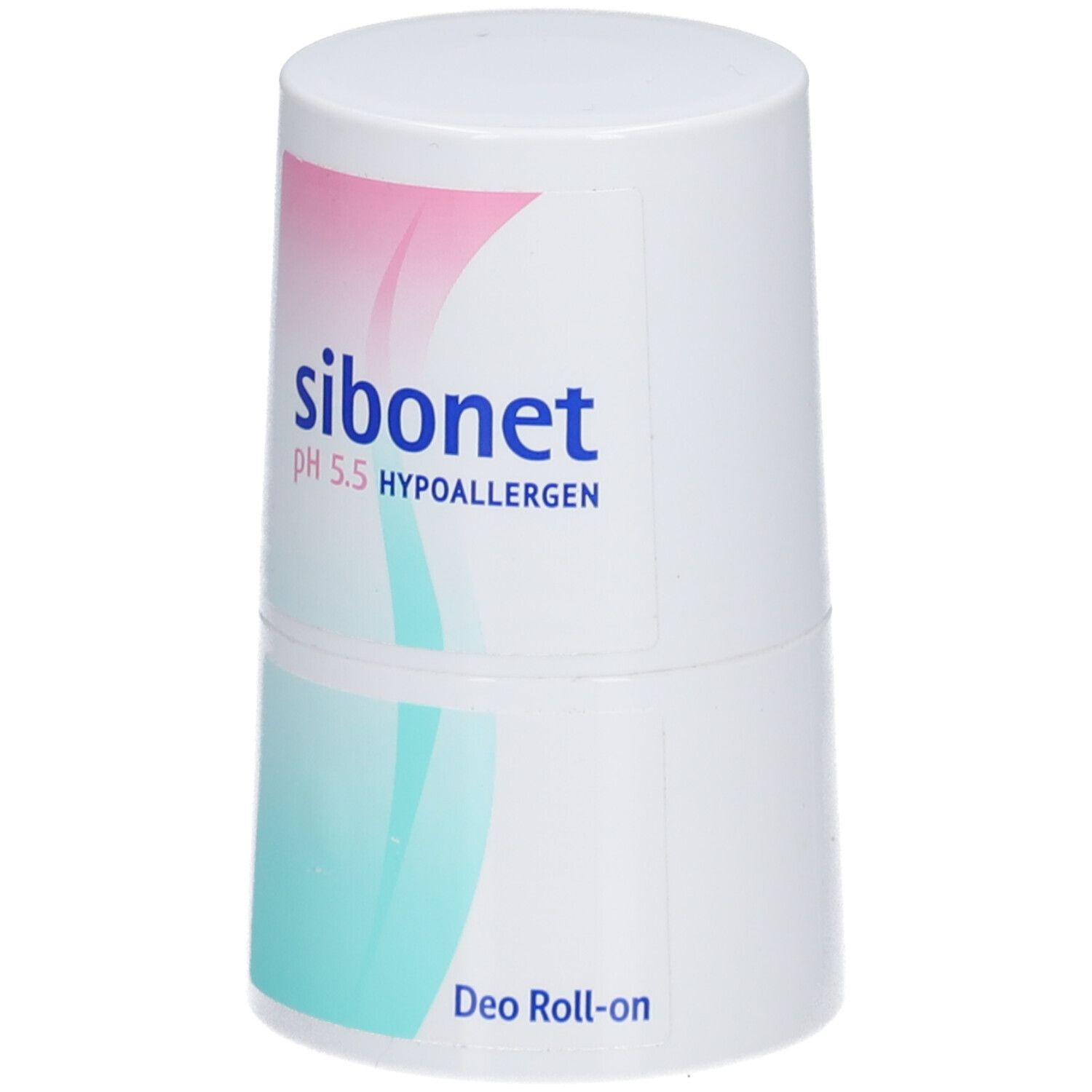 Witte deo roll-on met roze en turquoise design. Opschrift: sibonet pH 5.5 HYPOALLERGEN. Deo Roll-on.