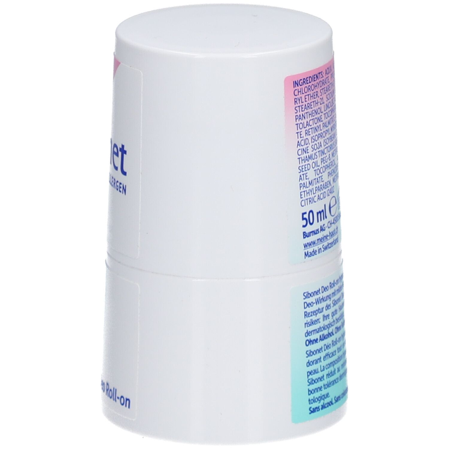 Zijaanzicht van de witte deo roll-on. Ingrediëntenlijst, tekst en barcode. Opschrift: 50 ml, Made in Switzerland.