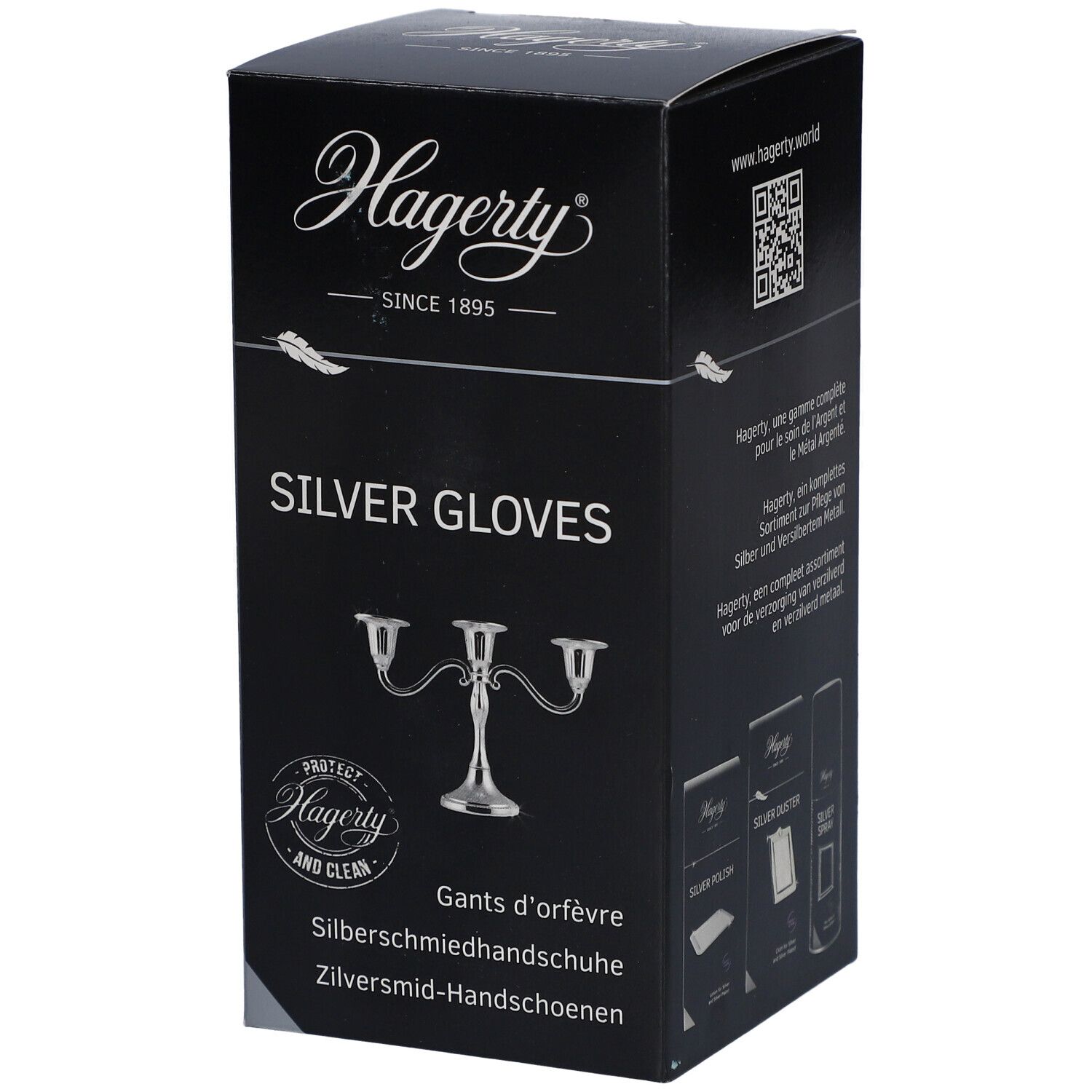 Zwarte doos met "Hagerty"-logo en "SILVER GLOVES". Afbeelding van een kandelaar. Tekst in meerdere talen.
