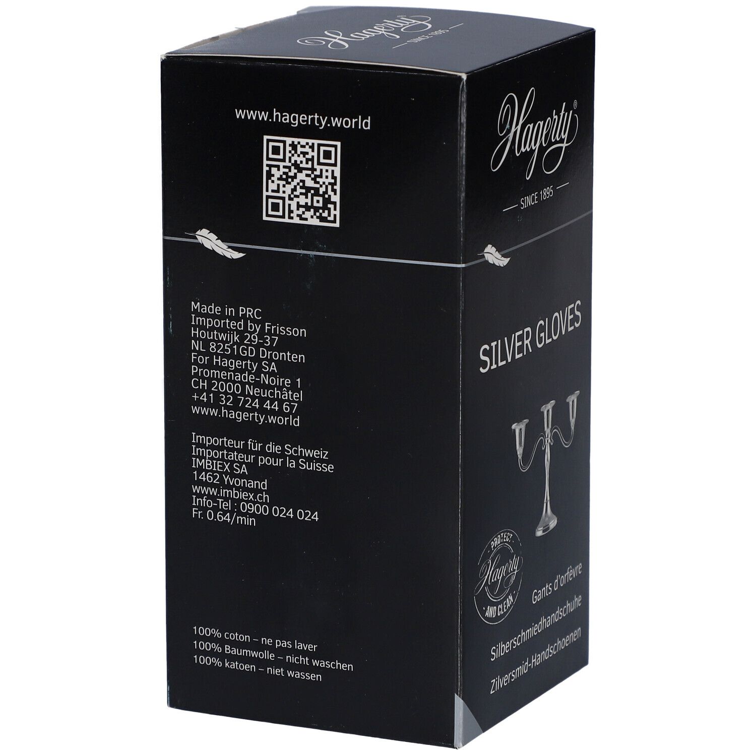 Achterkant van de zwarte doos. "Hagerty"-logo, QR-code en tekst met fabrikantinfo en ingrediënten.