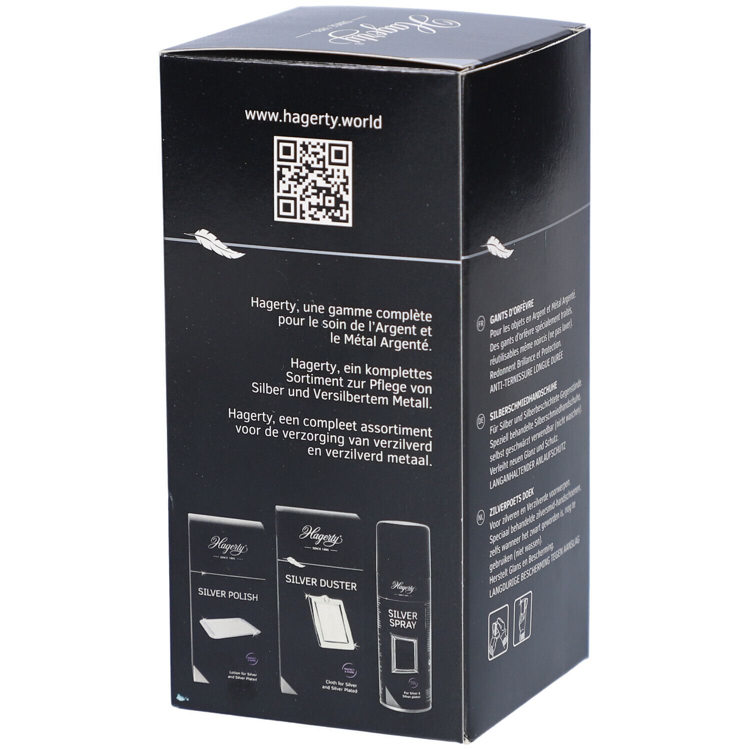 Zijkant van de zwarte doos met tekst en afbeeldingen van gerelateerde producten. "Hagerty"-logo en QR-code.