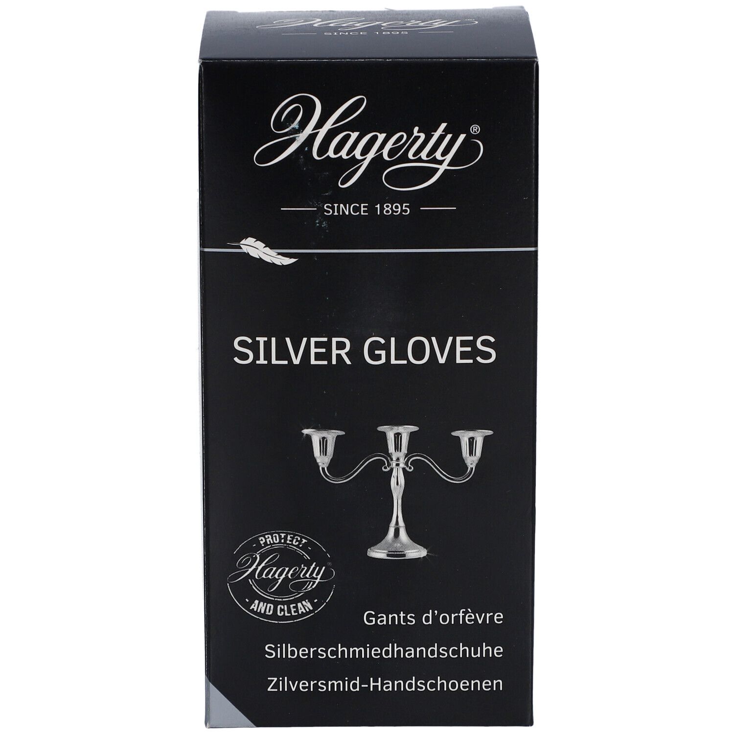Zwarte doos met "Hagerty"-logo en "SILVER GLOVES". Afbeelding van een kandelaar. Tekst in meerdere talen.