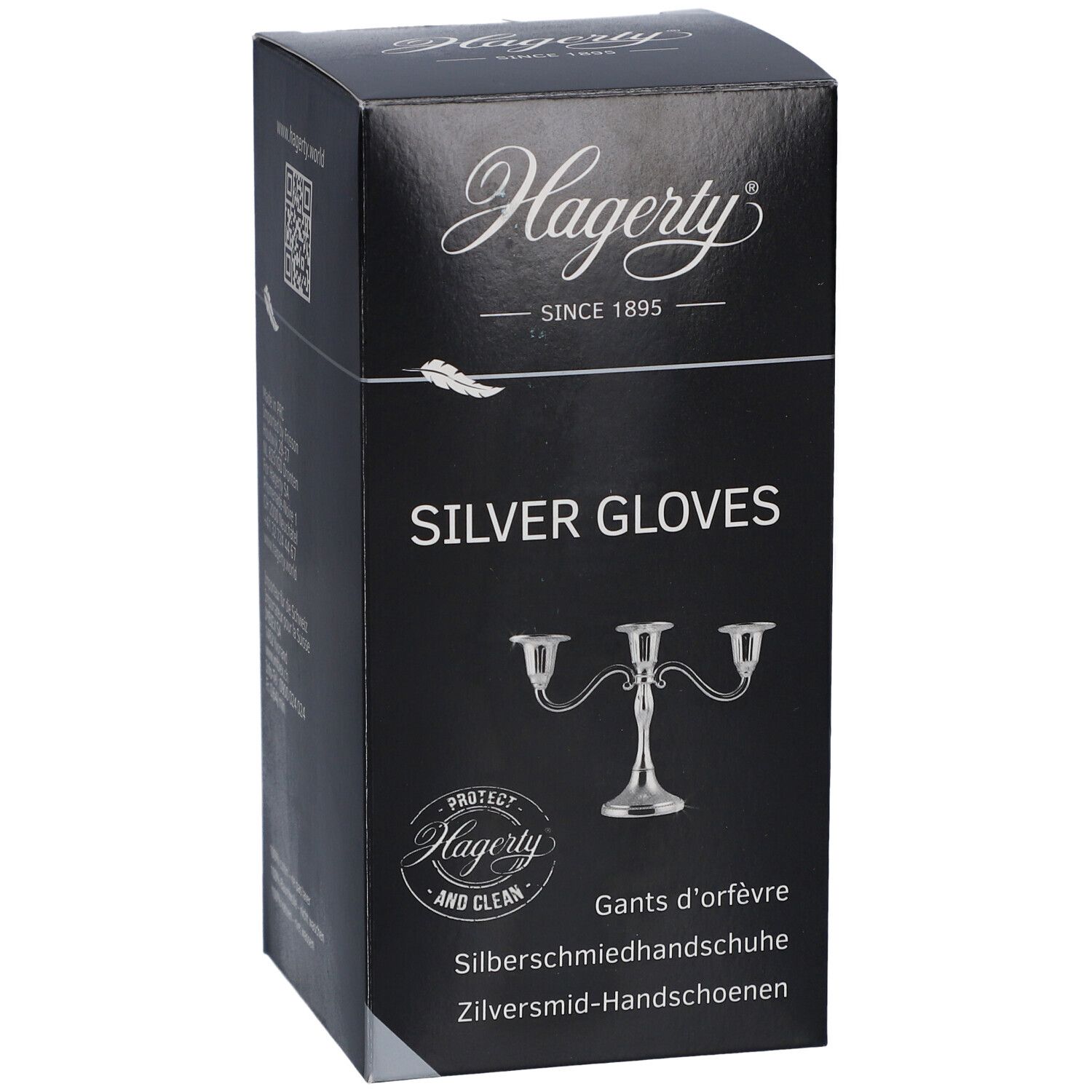 Zwarte doos met "Hagerty"-logo en "SILVER GLOVES". Afbeelding van een kandelaar. Tekst in meerdere talen.
