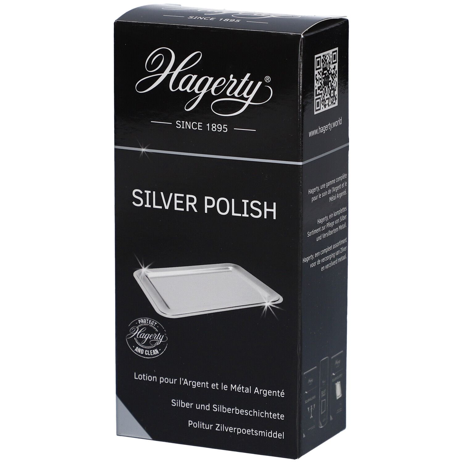 Zwarte Hagerty®-verpakking. Zilverpoetsbox met productafbeelding. Logo en tekst "SILVER POLISH".