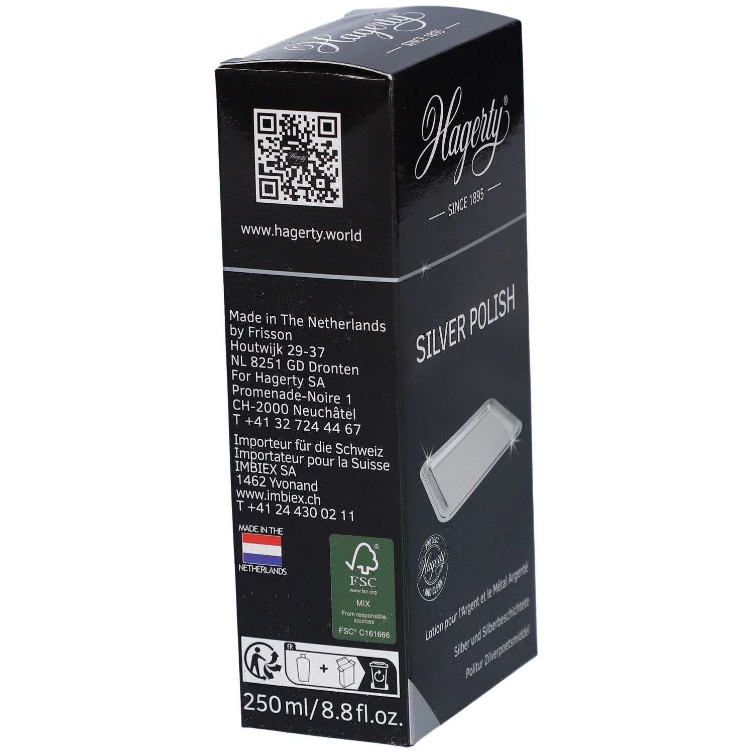 Zwarte Hagerty®-verpakking. Tekst "SILVER POLISH". QR-code en contactgegevens. Gemaakt in Nederland.