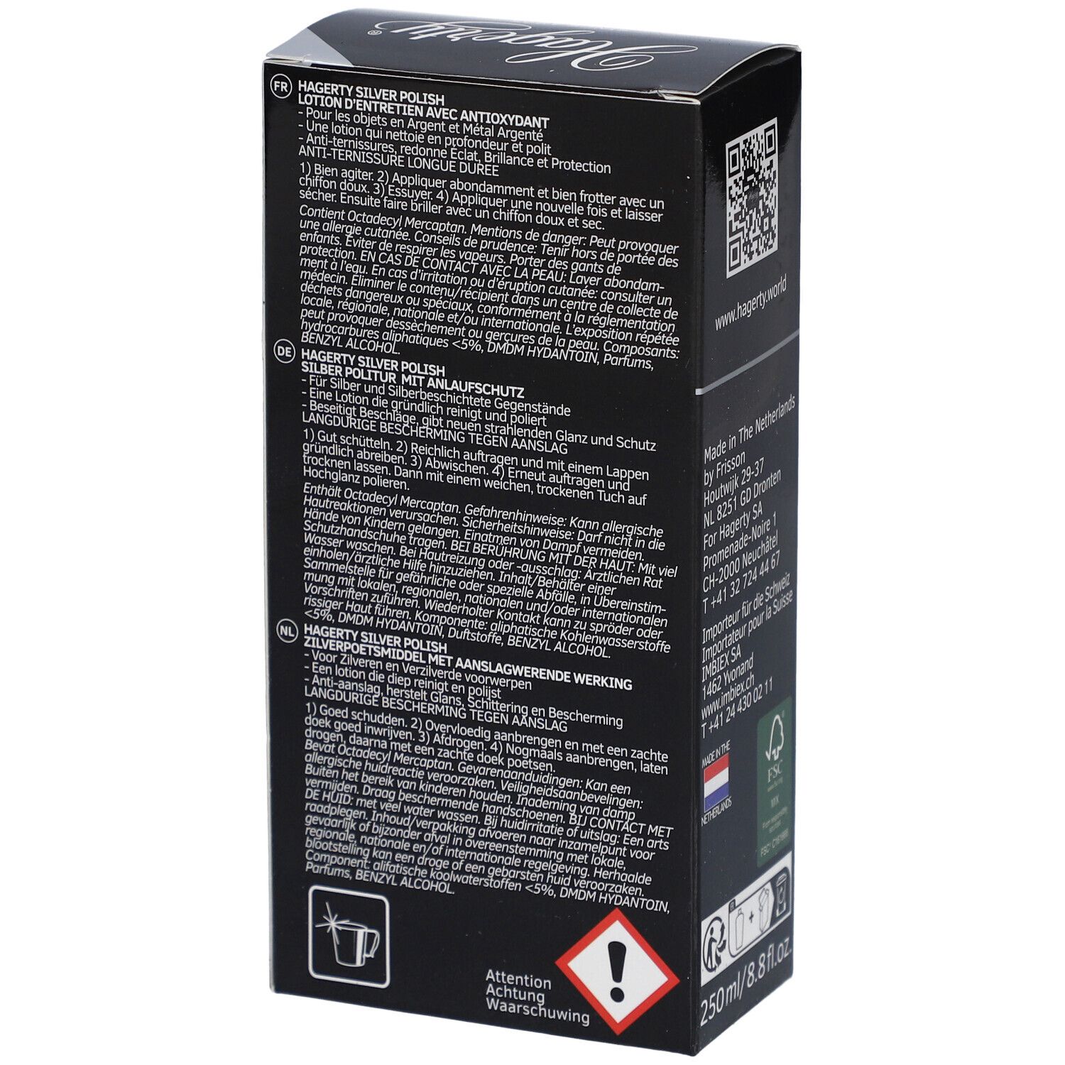 Zwarte Hagerty®-verpakking. Tekst met ingrediënten en waarschuwingen. QR-code en contactgegevens.