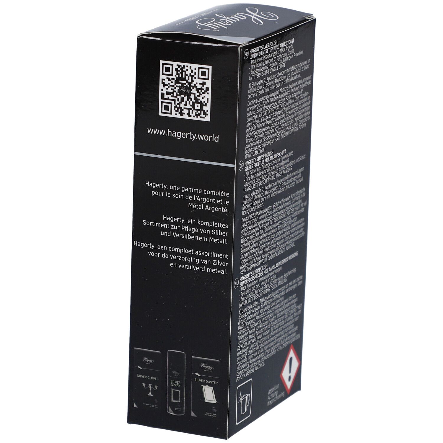 Zwarte Hagerty®-verpakking. Tekst over de productreeks. QR-code en contactgegevens.