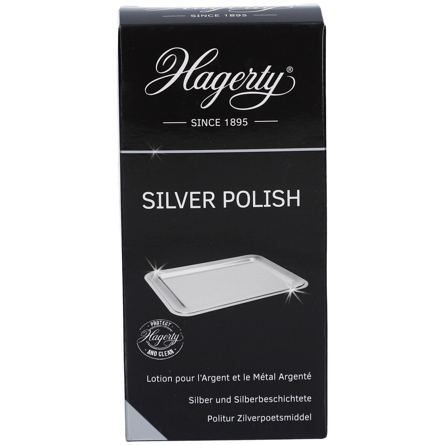 Zwarte Hagerty®-verpakking. Logo en tekst "SILVER POLISH". Productafbeelding. Tekst "SILVER POLISH".