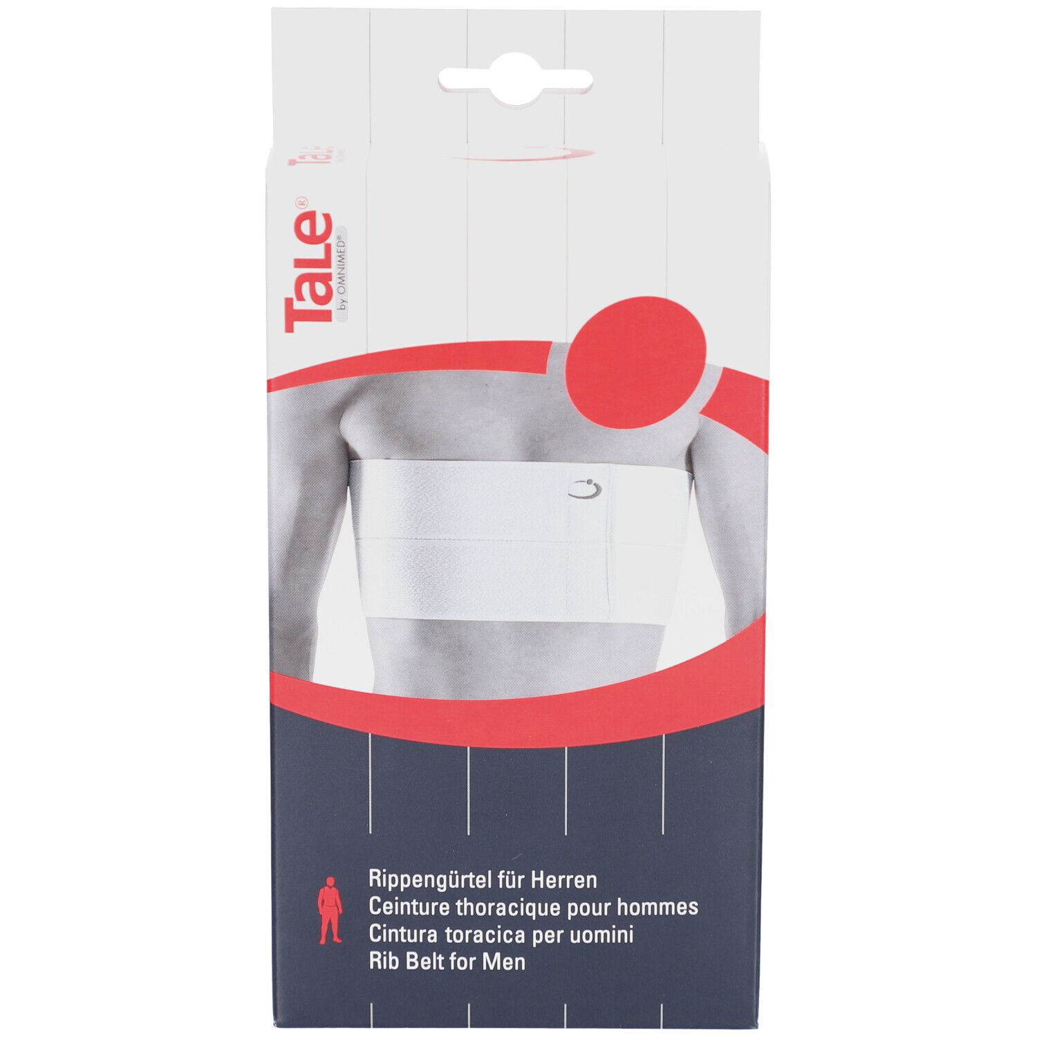 Emballage avec ceinture thoracique blanche pour hommes. Inscription : Tale, Ceinture thoracique pour hommes, Rib Belt for Men.