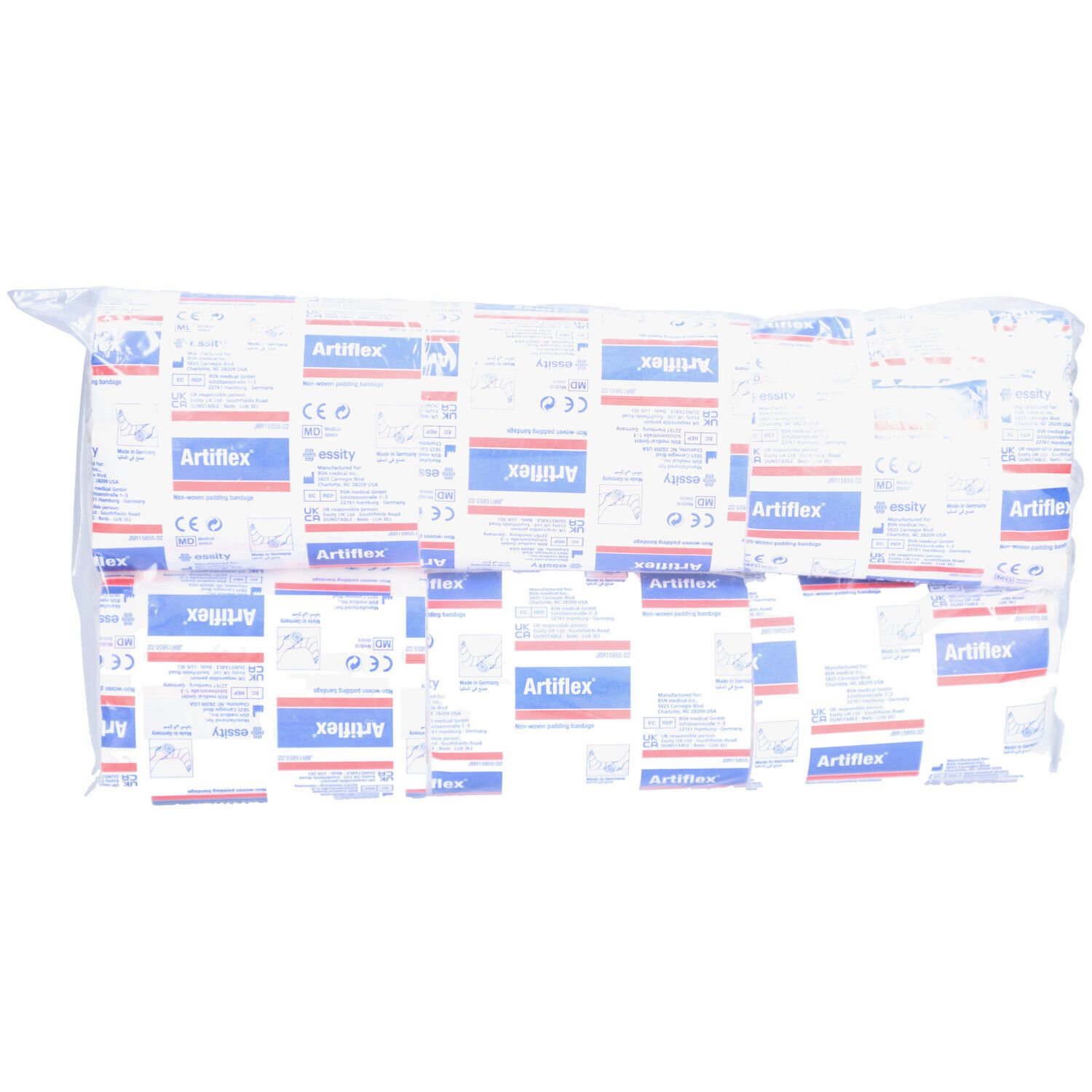 Paquet de bandages Artiflex. Bandages blancs dans un sachet transparent. Impression avec nom du produit et code-barres.
