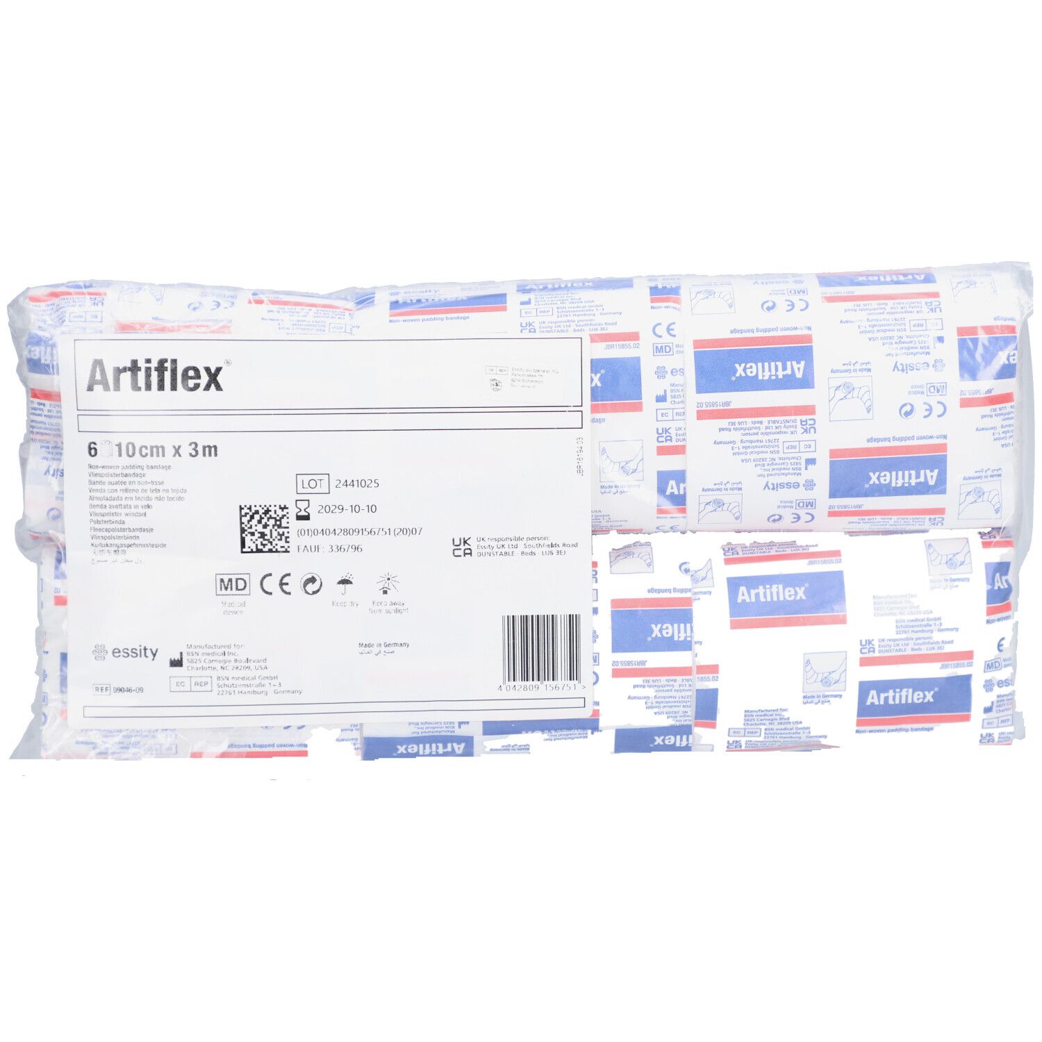 Paquet de bandages Artiflex. 6 pièces, 10cm x 3m. Bandages blancs dans un sachet transparent. Impression avec nom et détails.