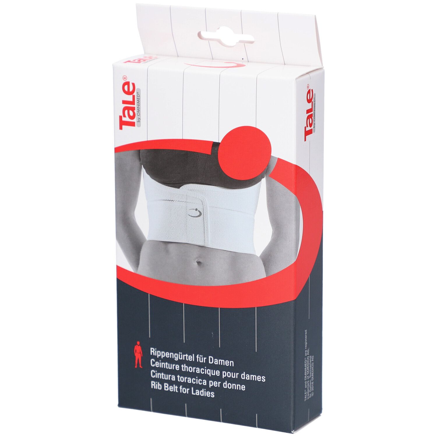 Emballage du produit. Ceinture thoracique pour femmes. Marque Tale. Texte: Rib Belt for Ladies. Blanc et rouge.