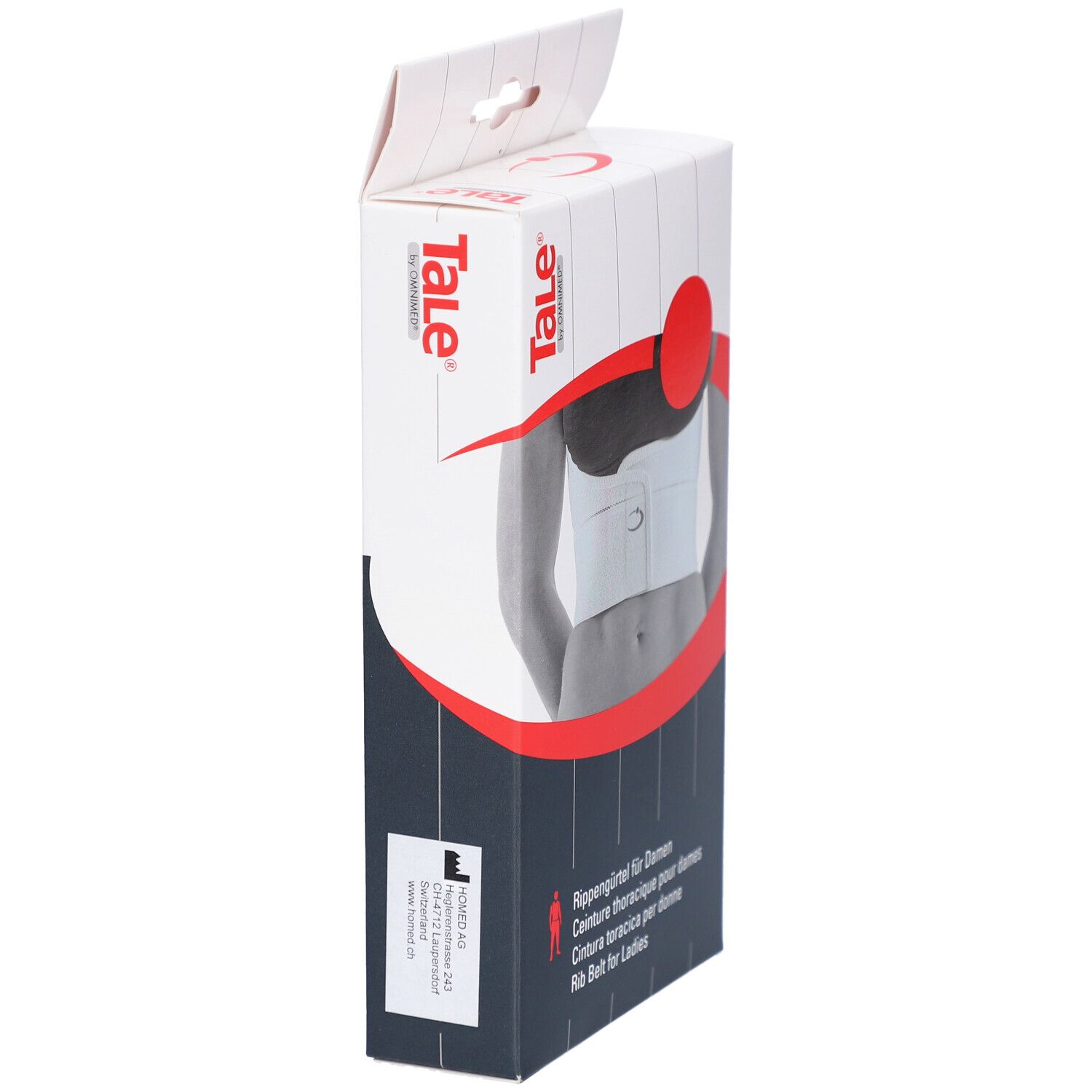 Vue latérale de l'emballage. Marque Tale. Texte: Rib Belt for Ladies. Blanc et rouge. Logo CE.