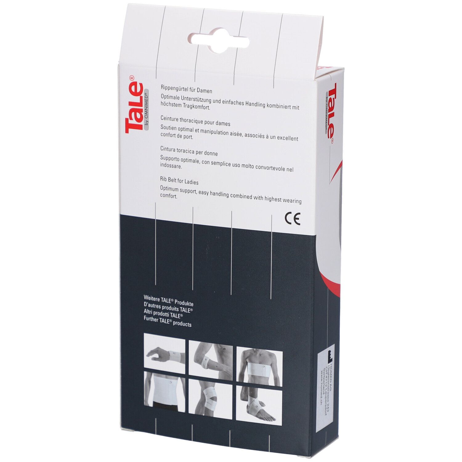 Dos de l'emballage. Texte: Ceinture thoracique pour femmes. Marque Tale. Logo CE. Illustrations.