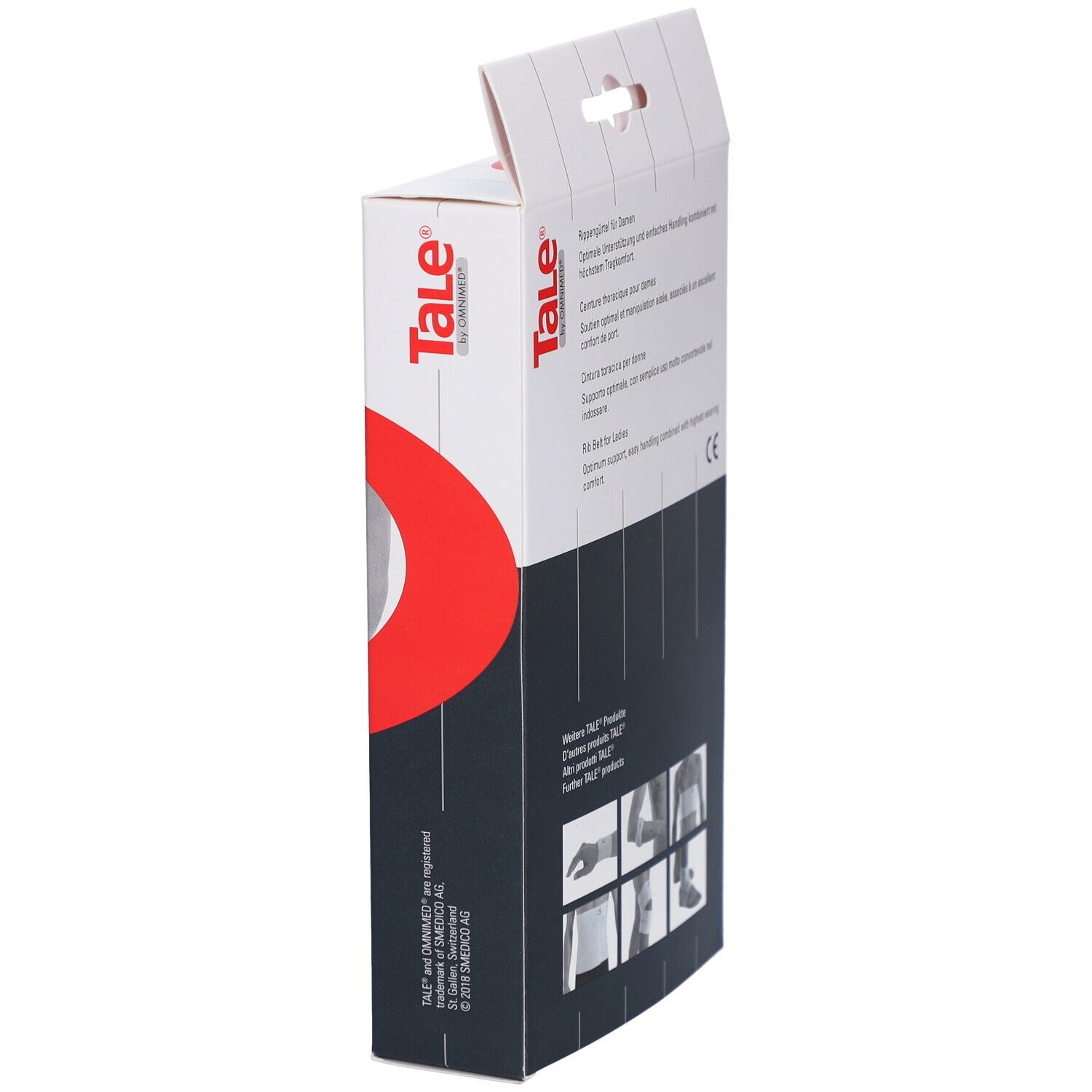 Vue latérale de l'emballage. Marque Tale. Texte: Ceinture thoracique pour femmes. Logo CE. Illustrations.