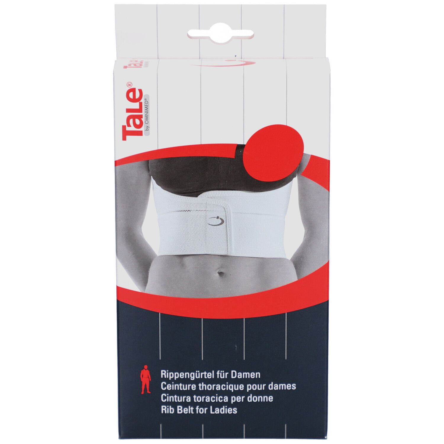 Emballage du produit. Ceinture thoracique pour femmes. Marque Tale. Texte: Rib Belt for Ladies. Blanc et rouge.