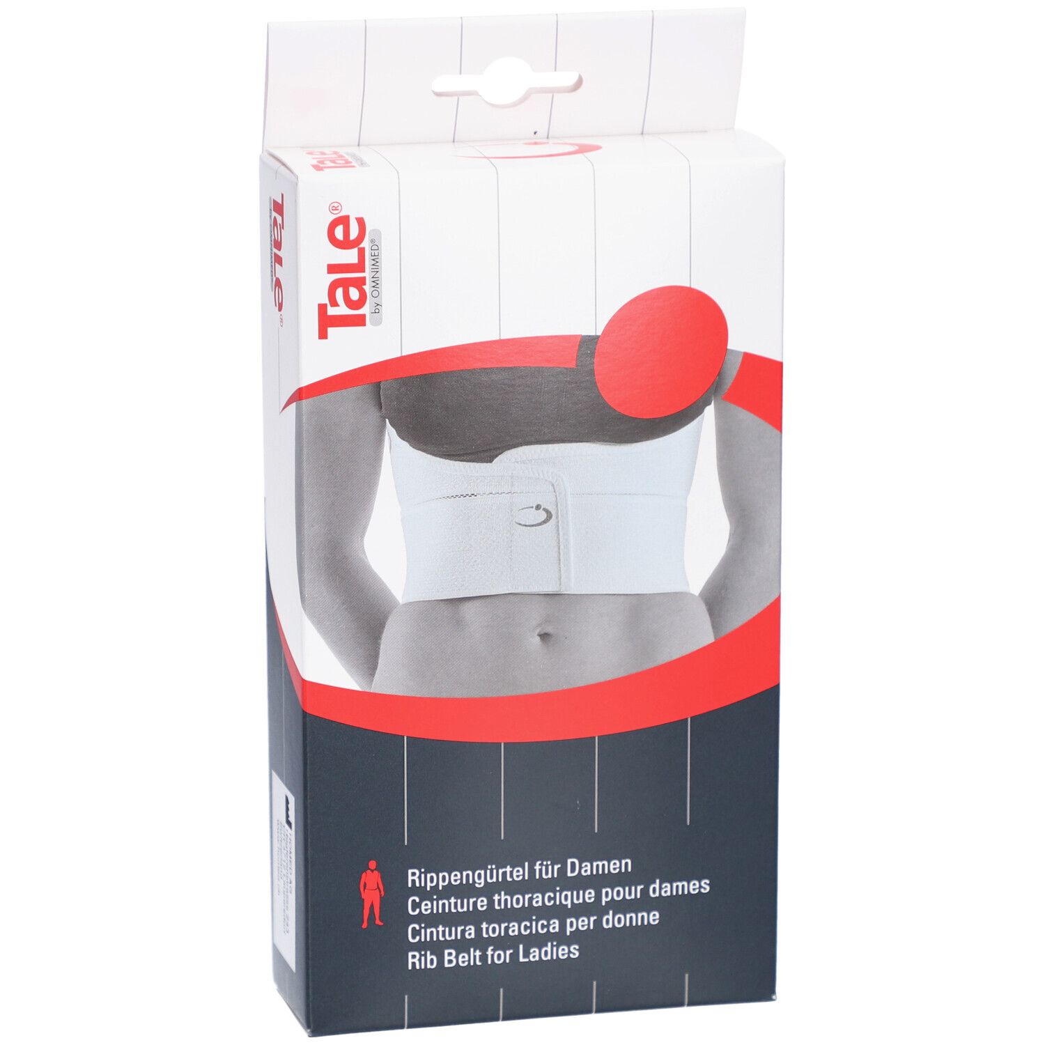 Emballage du produit. Ceinture thoracique pour femmes. Marque Tale. Texte: Rib Belt for Ladies. Blanc et rouge.