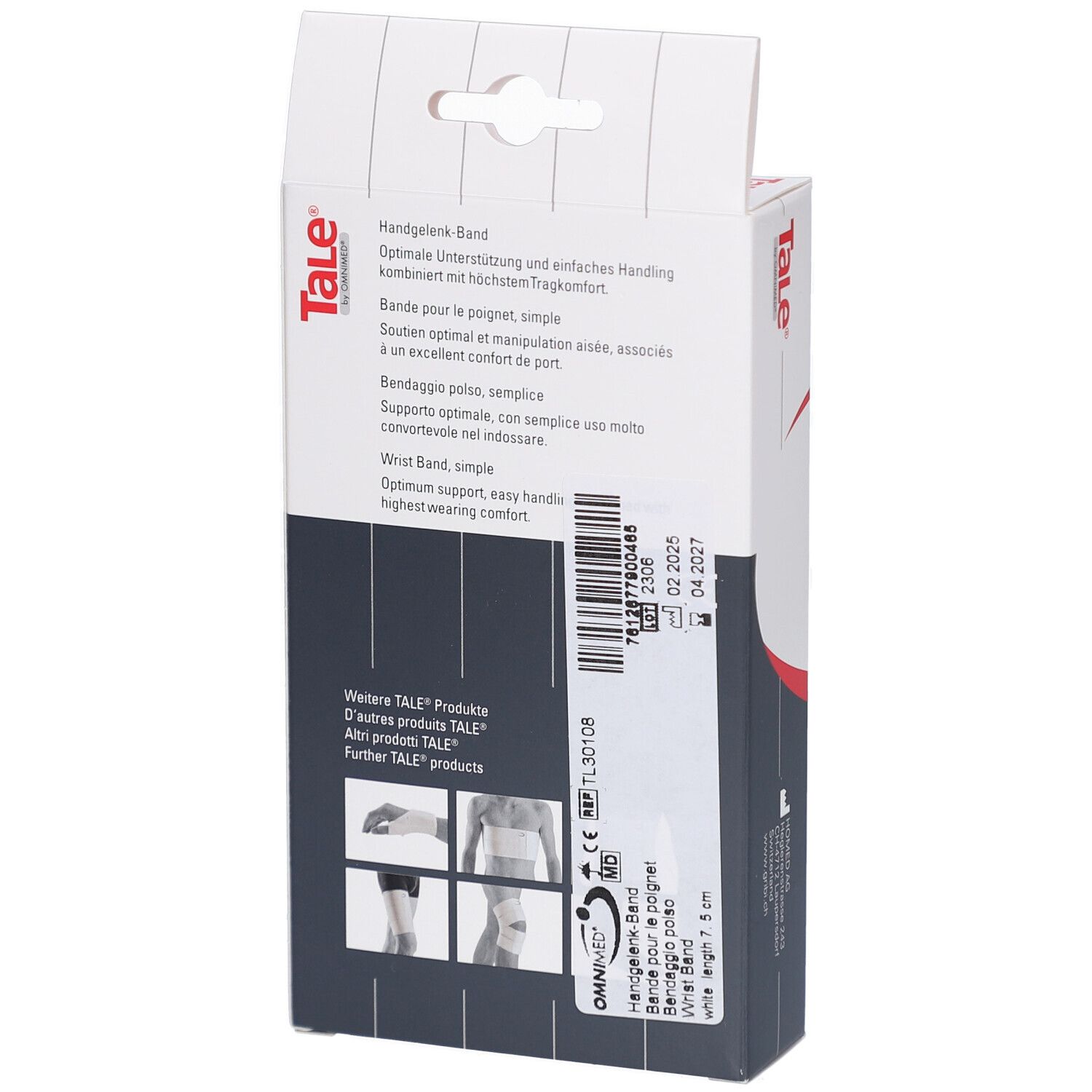 Achterkant Tale verpakking. Tekst: Handgelenk-Band, Wrist Band, simple. Informatie over merk en CE-markering.