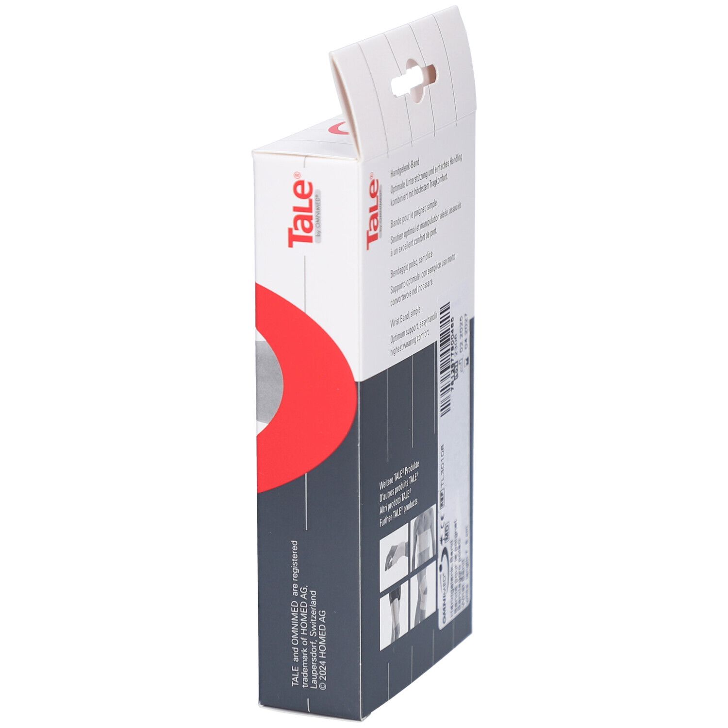 Zijaanzicht Tale verpakking. Tekst: Handgelenk-Band, Bande pour le poignet, simple. Illustraties van gebruik.