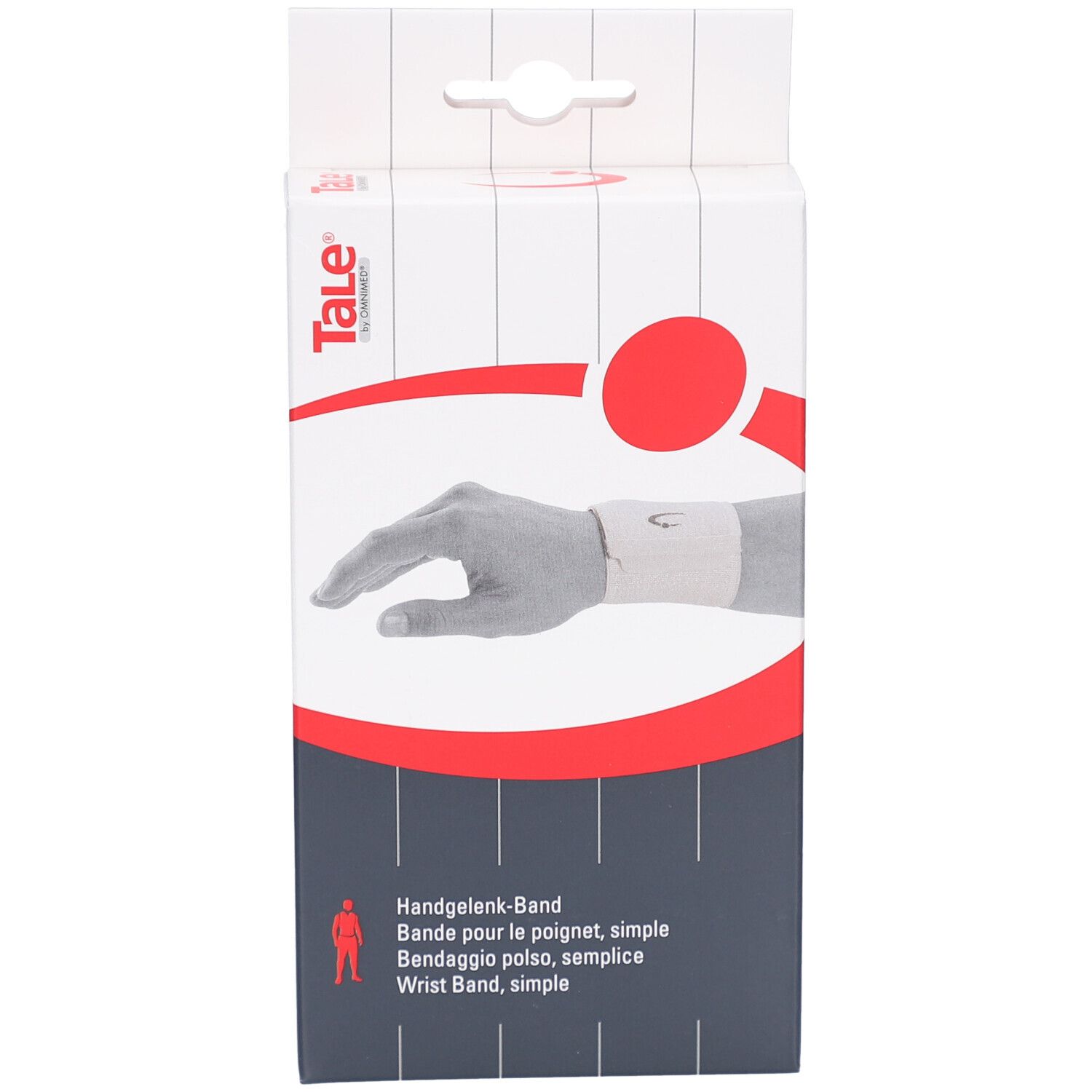 Verpakking Tale polsband. Afbeelding pols met bandage. Tekst: Handgelenk-Band, Bande pour le poignet, simple, Wrist Band, simple.