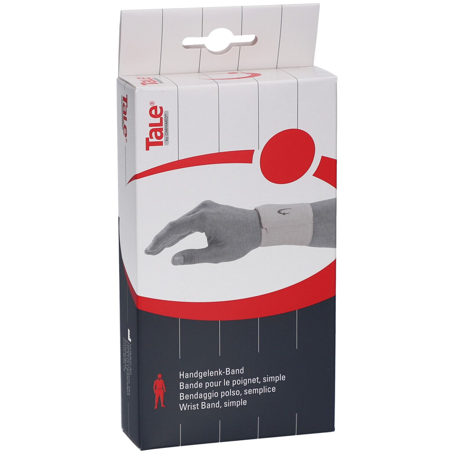 Verpakking Tale polsband. Afbeelding pols met bandage. Tekst: Handgelenk-Band, Bande pour le poignet, simple, Wrist Band, simple.