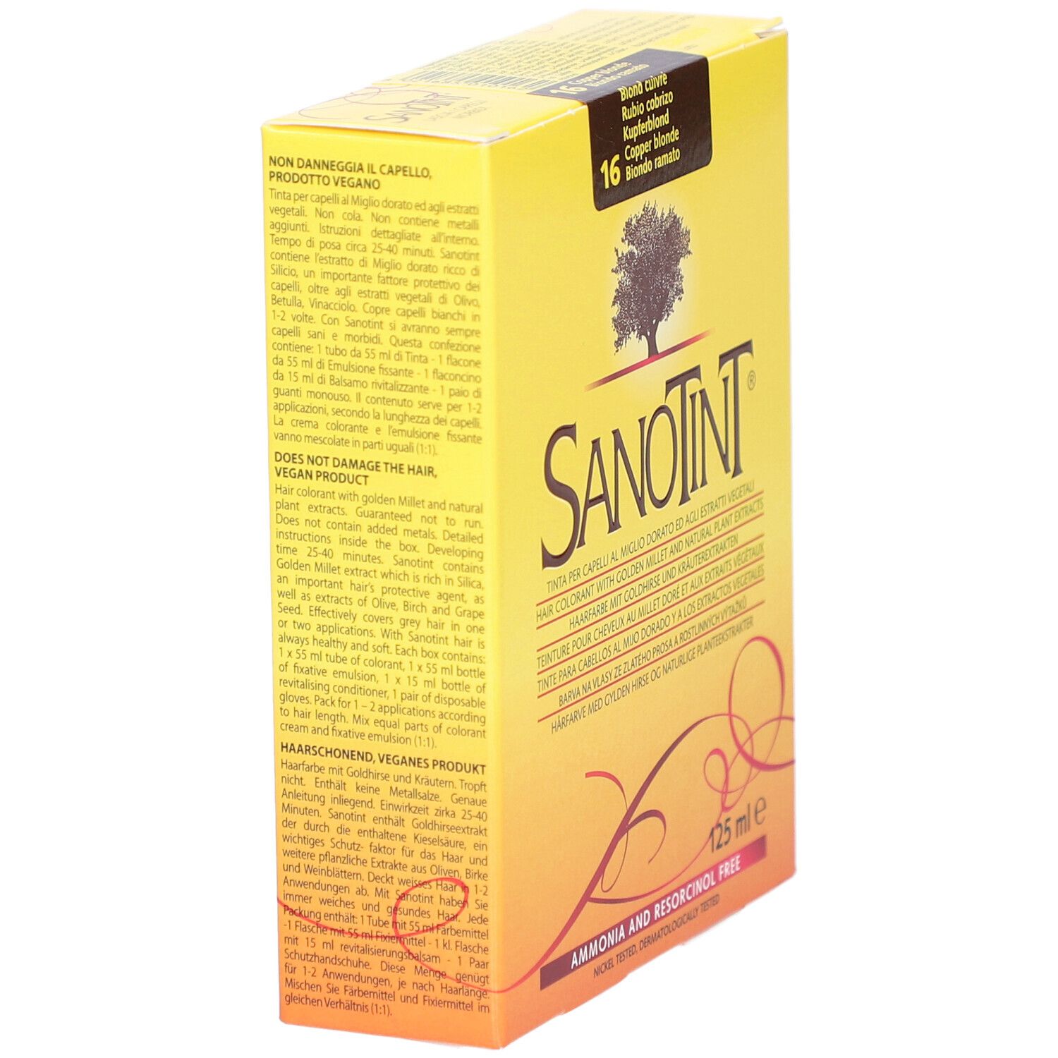 Boîte jaune SANOTINT, 125 ml, blond cuivré 16. Texte sur le côté. Produit vegan.