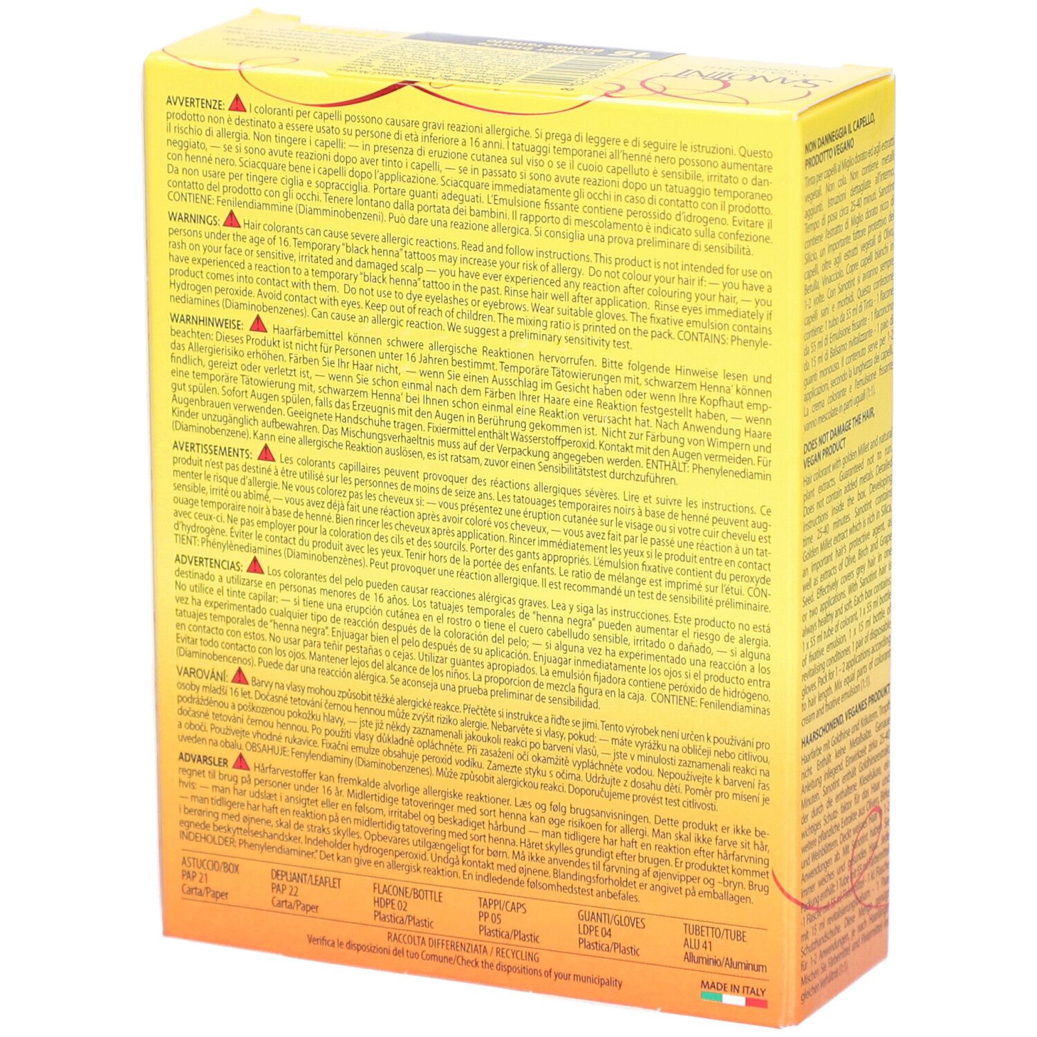 Dos de la boîte jaune SANOTINT. Contient des avertissements et des ingrédients. Fabriqué en Italie.