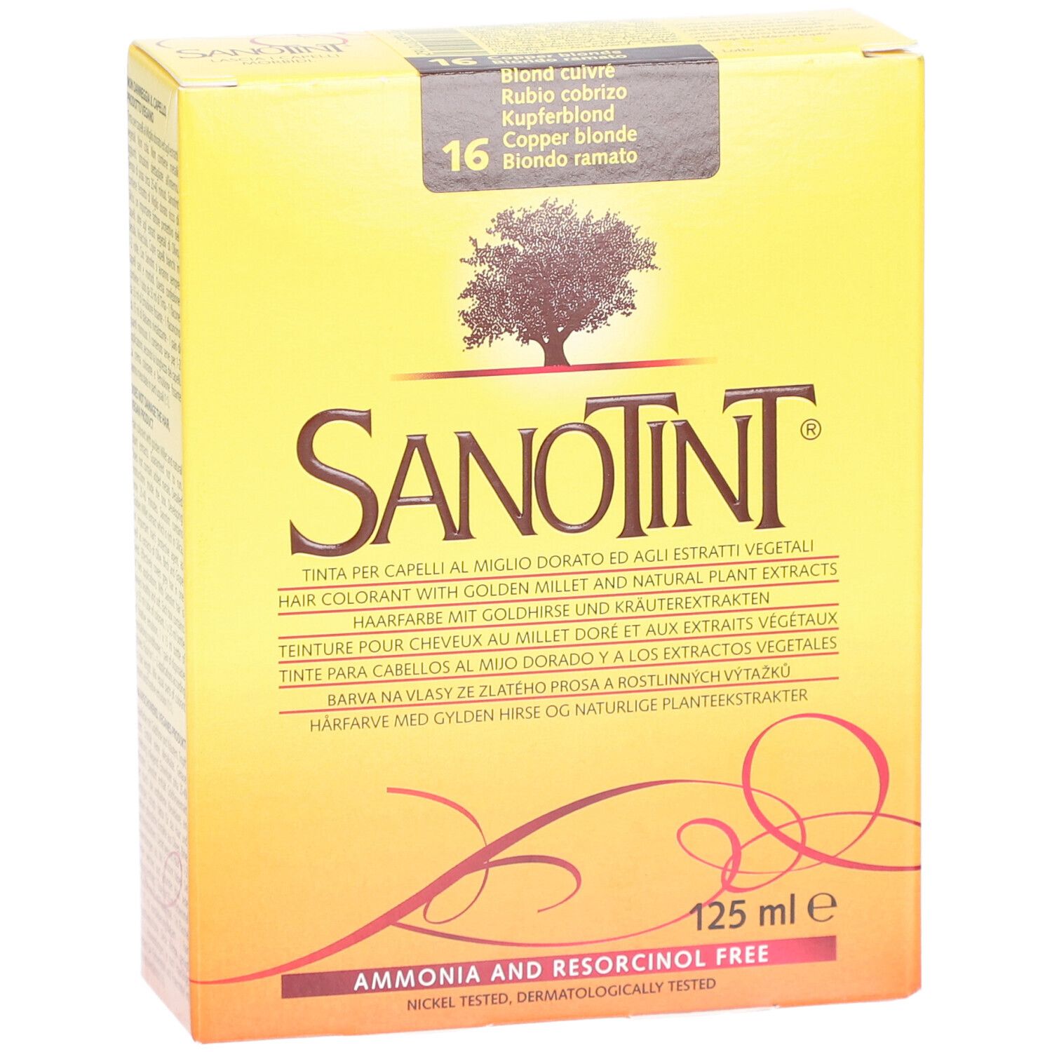 Boîte jaune SANOTINT, couleur blond cuivré 16. 125 ml. Sans ammoniaque et résorcinol.