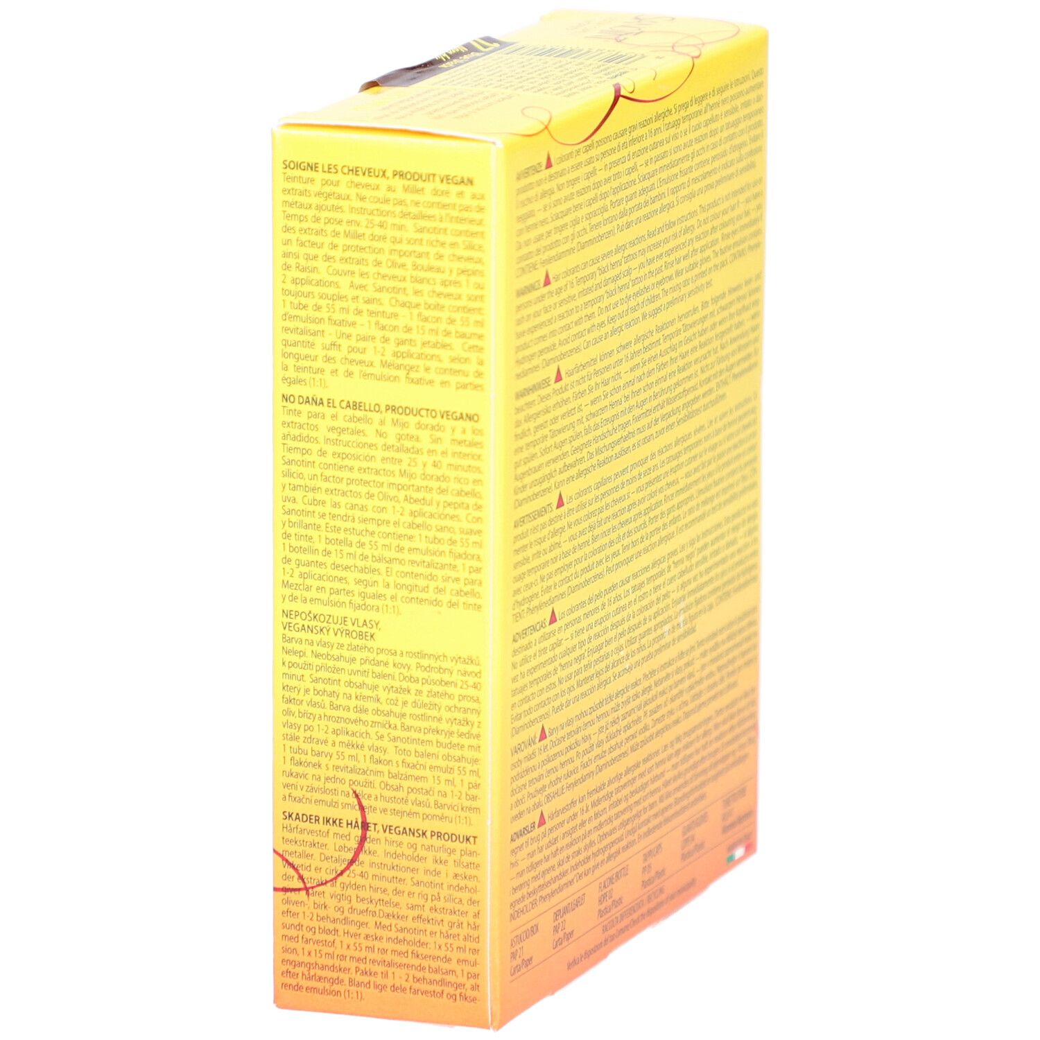 Gele doos met meertalige tekst. Productinformatie. Zijaanzicht.