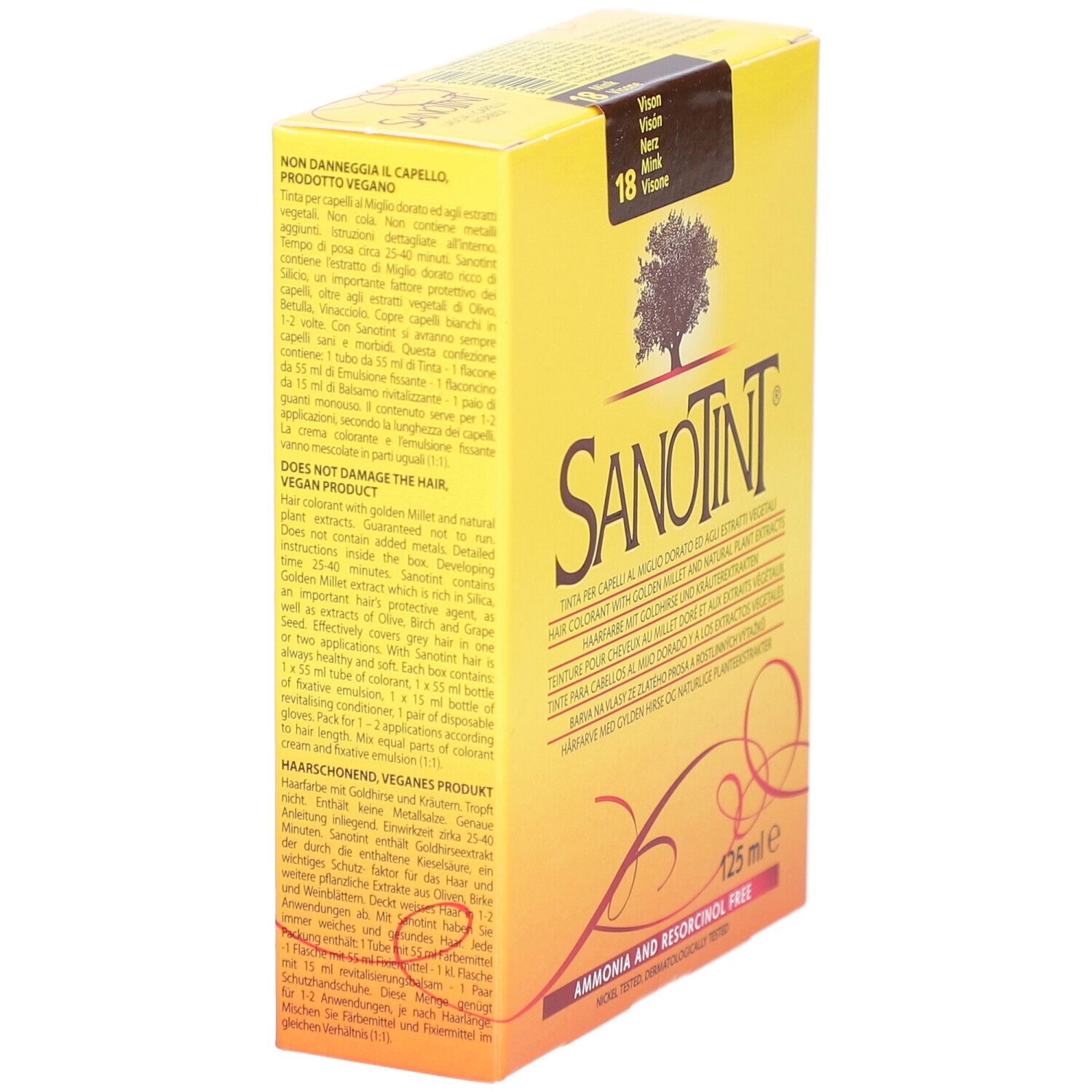 Boîte jaune SANOTINT, 18 Nerz. Texte multilingue. Inscription : 125 ml. Sans ammoniaque et résorcinol.