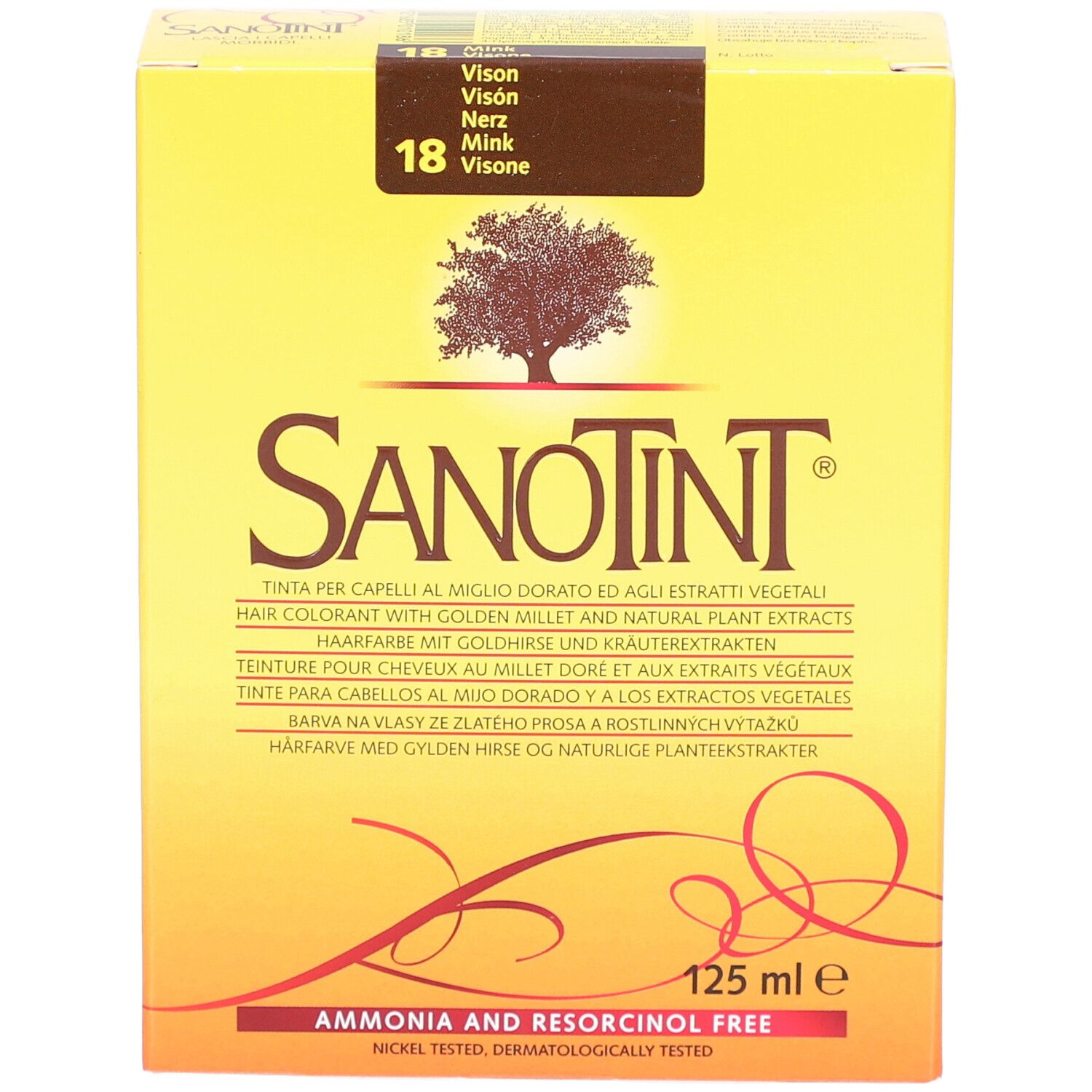 Boîte jaune SANOTINT, 18 Nerz. Inscription : 125 ml. Sans ammoniaque et résorcinol. Contient des extraits végétaux.