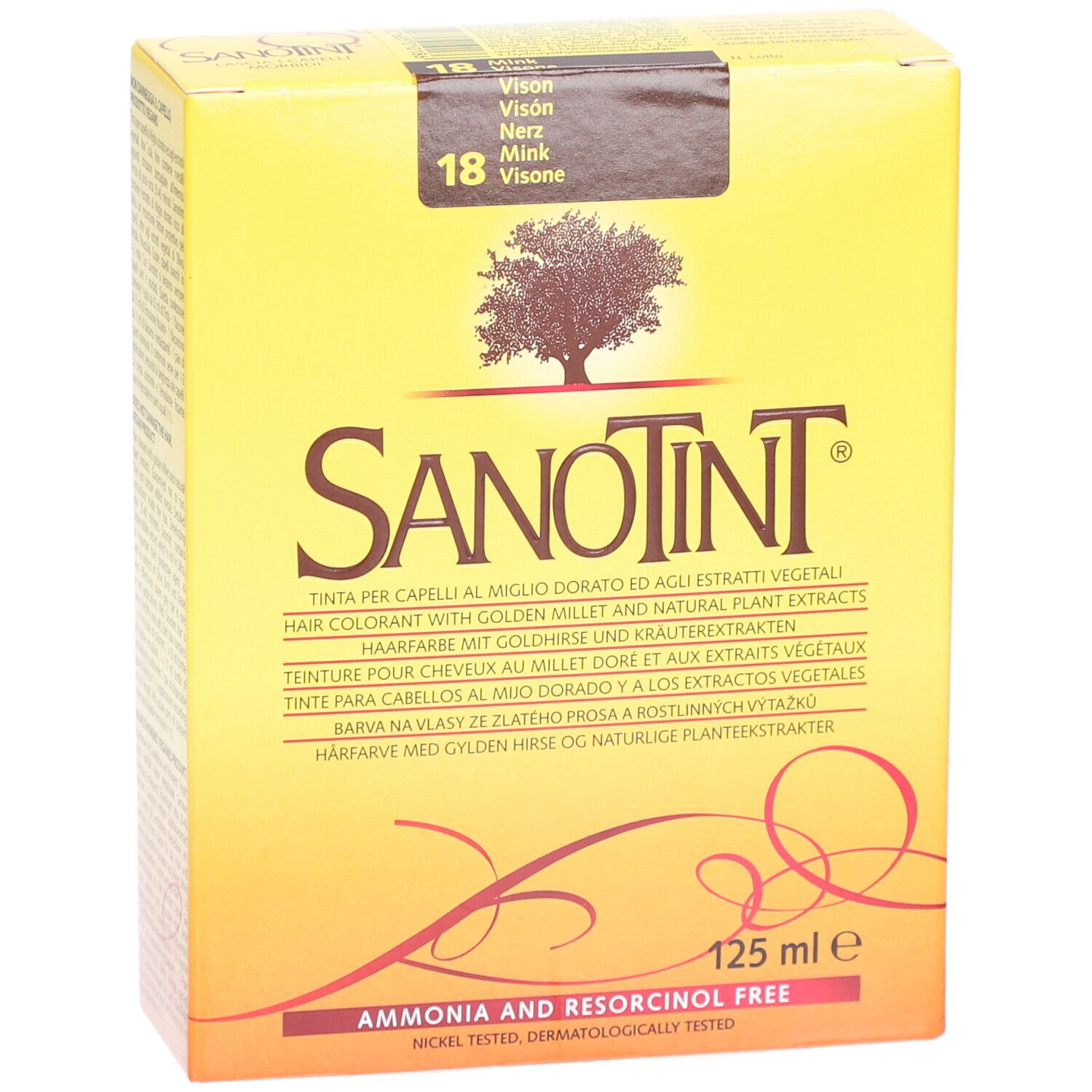 Boîte jaune SANOTINT, 18 Nerz. Inscription : 125 ml. Sans ammoniaque et résorcinol. Contient des extraits végétaux.