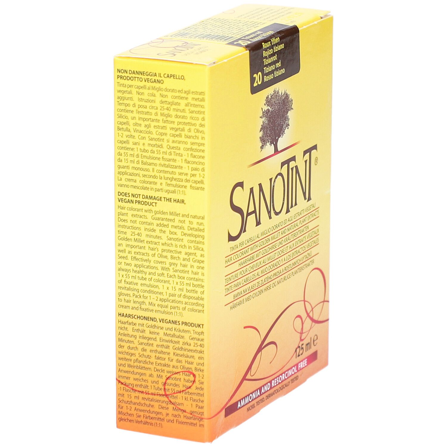 Gele doos, zijaanzicht. Productnaam en kleurnummer. Meertalige tekst. "Vegan Product".