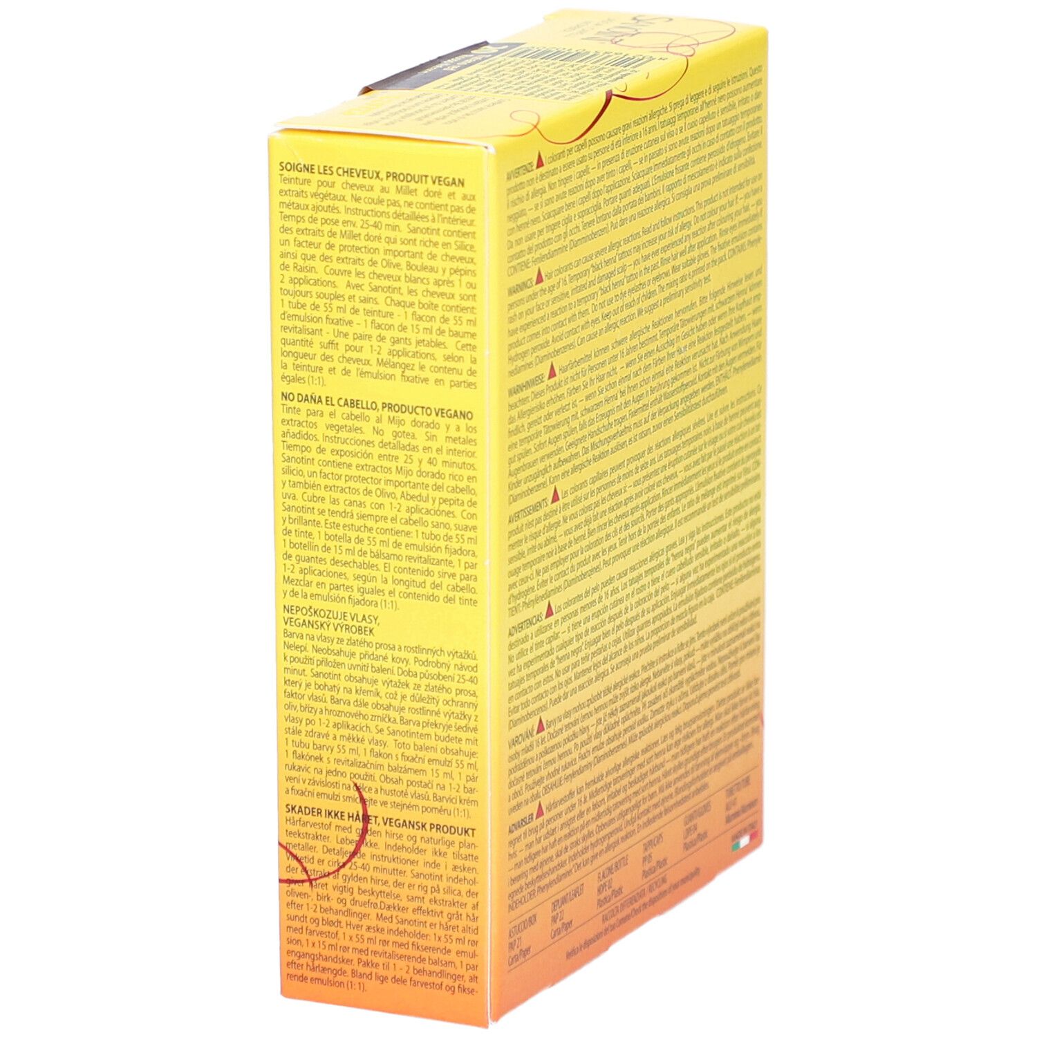 Gele doos, zijaanzicht. Meertalige tekst. "Vegan Product".